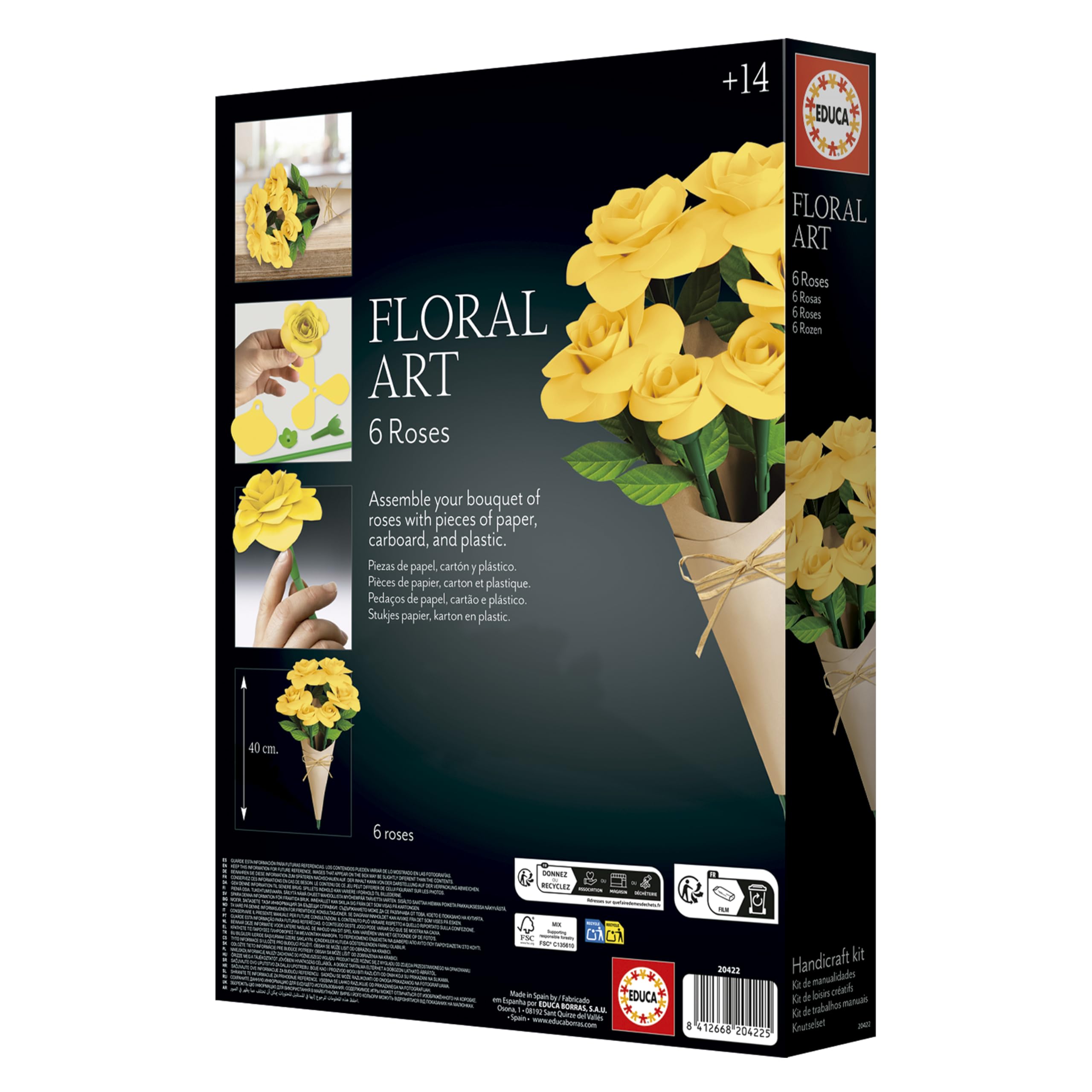 Educa - Ramo 6 rosas amarillas Floral Art | Kit de manualidad para realizar seis rosas de papel sin necesidad de pegamento, ni tijeras. A partir de 14 años (20422)