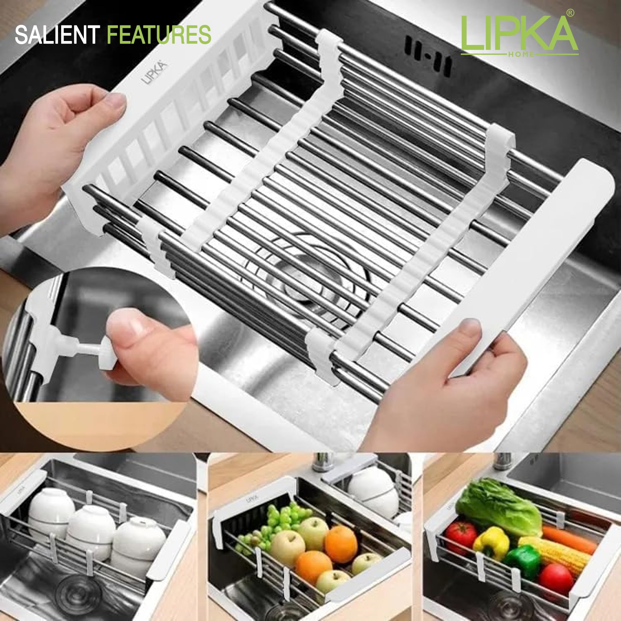Lipka Adjustable Sliding Vegetable Basket for Kitchen Sinks | Expandable Upto 50cm | Stainless Steel Retractable Kitchen Dish Dryer/Rack Sink Basket | Strainer for Utensils, Fruits, Vegetables 1