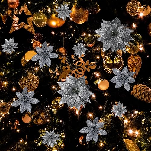 Miniatura 2 de STAREDGE Decoraciones de flores de Pascua de oro rosa, 12 piezas de flores artificiales de Navidad con clips y tallos