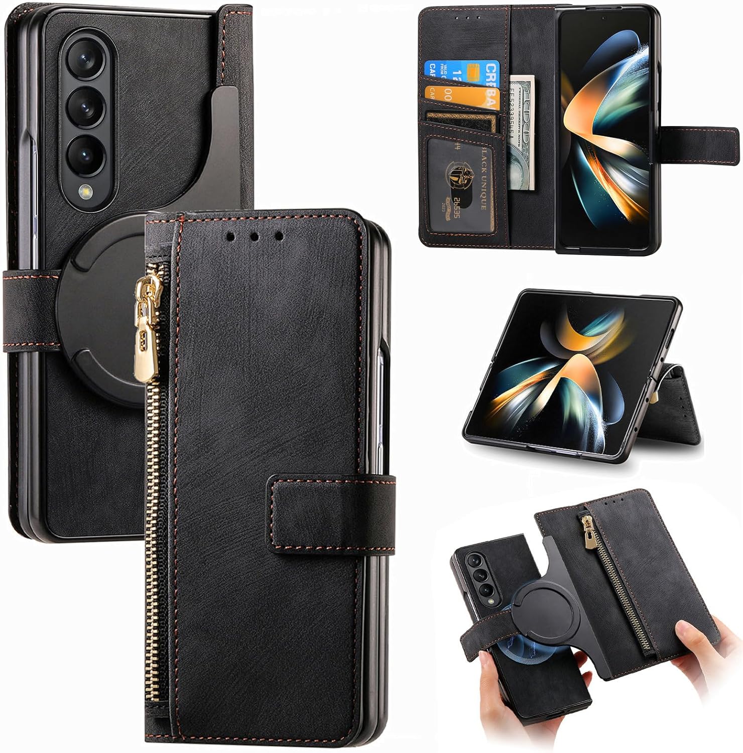 Asuwish Compatible with Samsung Galaxy Z Fold 3 5G 2021 Zipper Wallet Case RFID Blocking Magnetic Detachable Flip Credit Card Holder Cell Accessories Phone Cover for ZFold3 Z3 Fold3 3Z ZFold35G Black