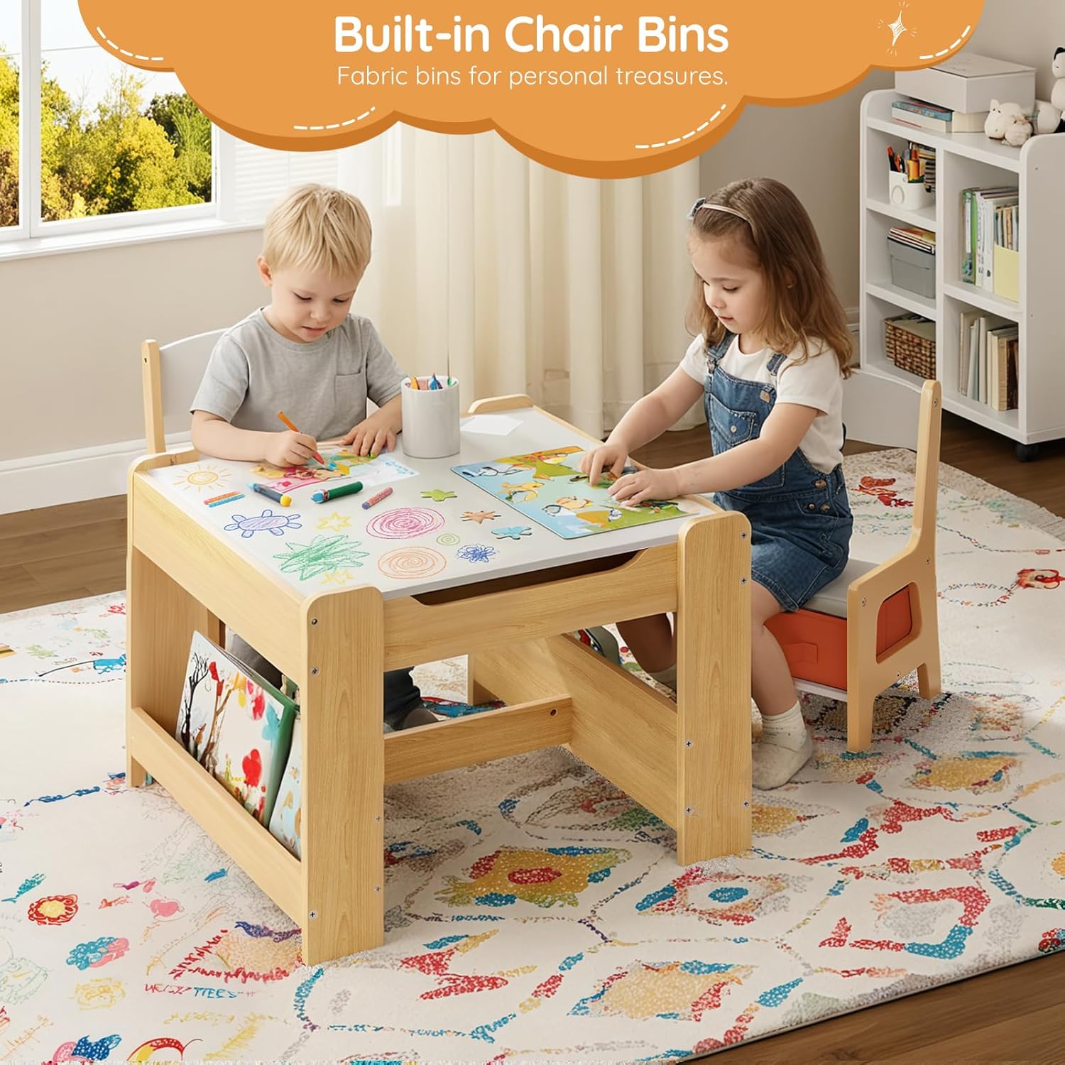 HOOBRO Kids Table and Chairs, Wooden Kids Table and 2 Chairs with Double-Sided Tabletop, Toddler Table and Chair Set with Storage Drawers & Bookshelf for Arts, Reading, Playroom, Natural WN02KT01