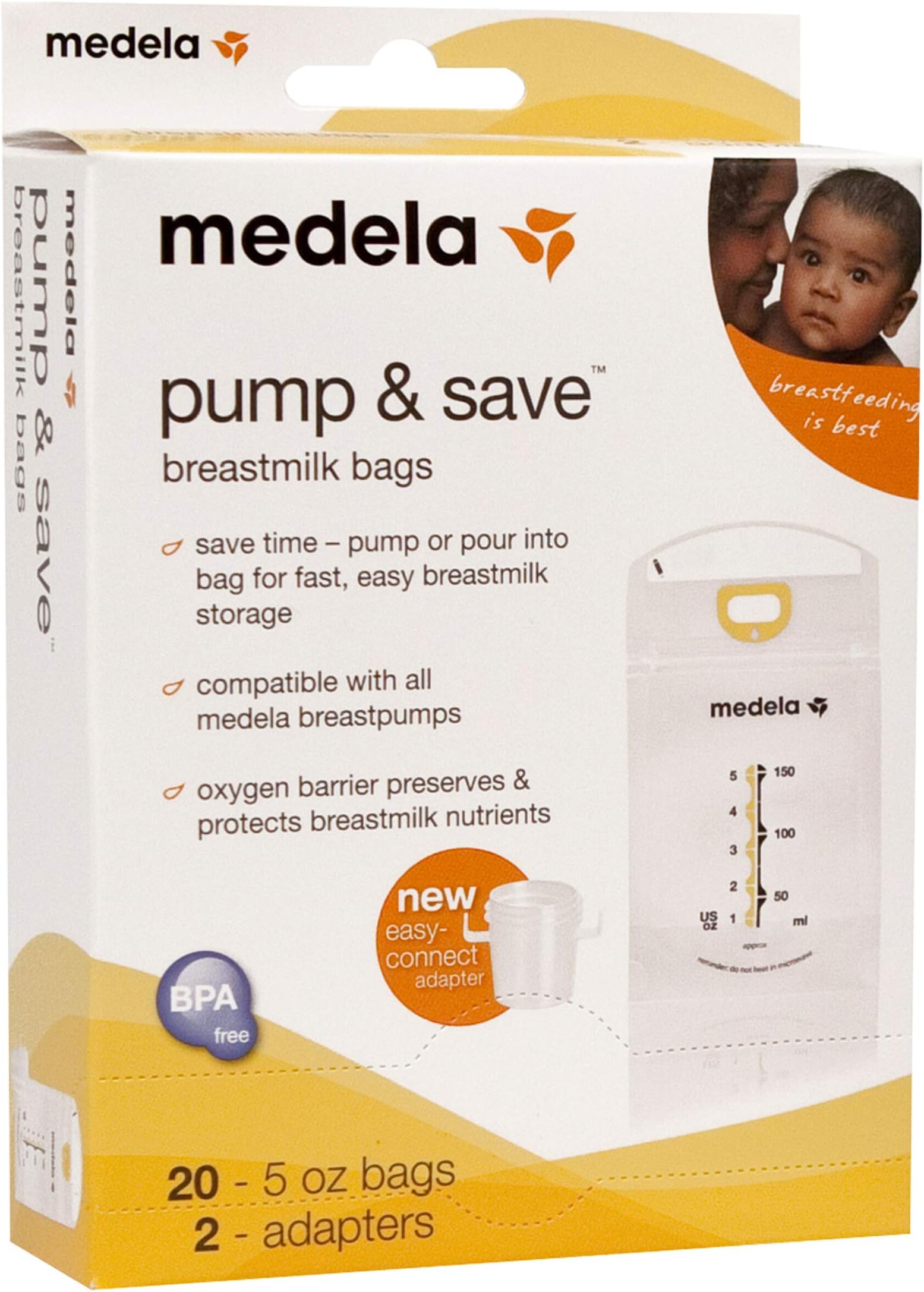 Pump & Save Breast Milk Storage Bags, 20 Count Pack, Breastmilk Freezer Bags, Pour or Pump Directly into Bags with Included Easy Connect Adaptors, Made Without BPA