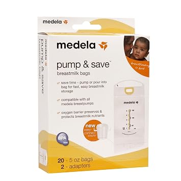 Medela Pump & Save Breast Milk Storage Bags, 20 Count Pack, Breastmilk Freezer Bags, Pour or Pump Directly into Bags with Included Easy Connect Adaptors, Made Without BPA