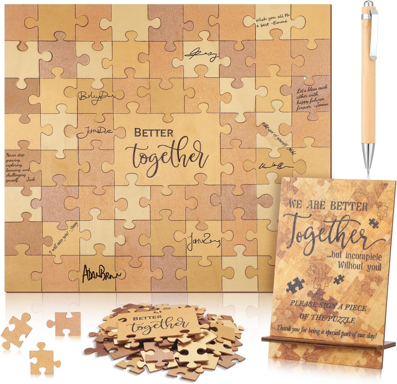 Motipuns 66 Pcs Wedding Puzzle Guest Book Alternative Wooden with Stand