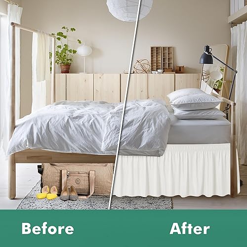 Miniatura 4 de Biscaynebay Faldas de cama envolventes con esquinas divididas para camas Queen de 15 pulgadas de caída, volantes elásticos color marfil de fácil