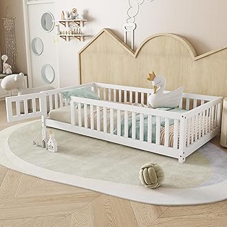 Twin Floor Bed Frame with Slats and Safety Guardrail, Wood Twin Size Montessori Floor Bed with Door and Fence, Easy Assemble Montessori Beds for Kids, Girls, Boys, White