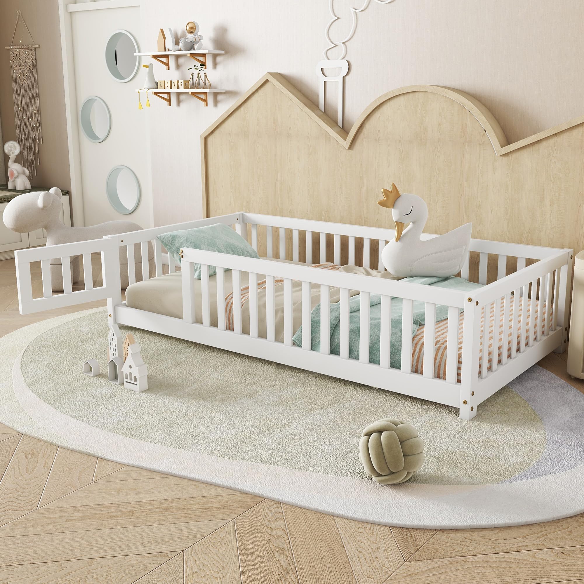 Bellemave Twin Floor Bed Frame with Slats and Safety Guardrail, Wood Twin Size Montessori Floor Bed with Door and Fence, Easy Assemble Montessori Beds for Kids, Girls, Boys, White