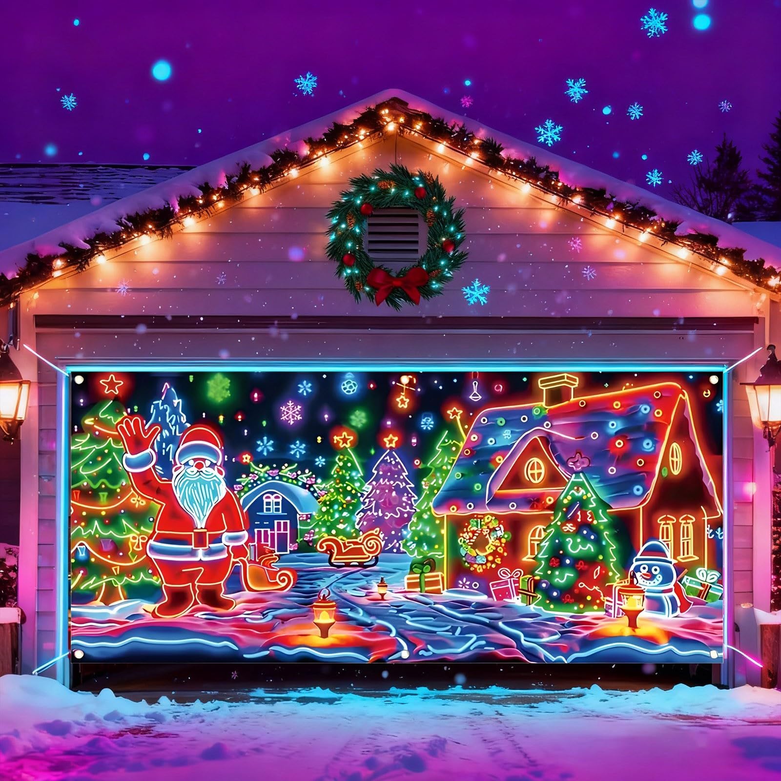 Bandera fluorescente para puerta de garaje, festivas, festivas, para fiestas, 157 x 71 pulgadas, fondo de fotografía de Papá Noel 109
