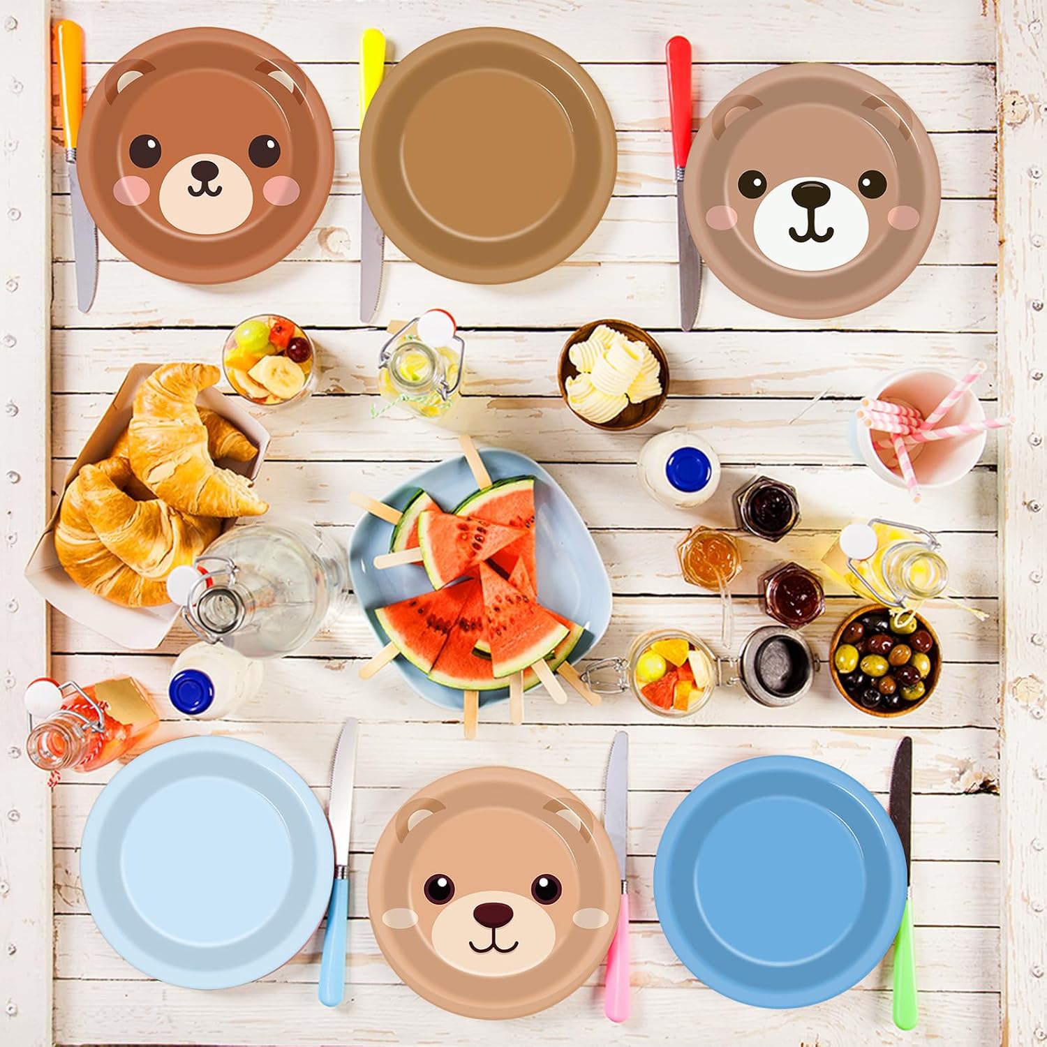 60PCS Blue Bear Birthday Party Plates Dusty Blue and Brown Disposable Paper Dessert Plates for Bears Themed Birthday Decorations Party Tableware Set for Gender Reveal Baby Shower Parties Supplies