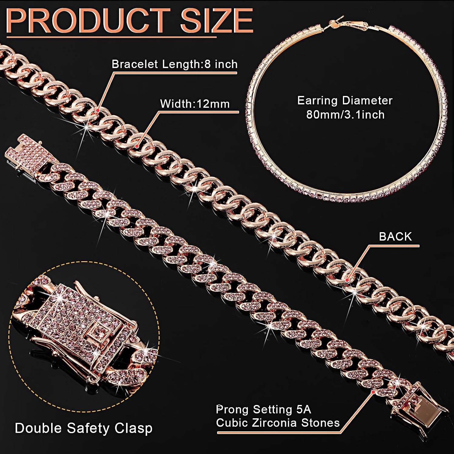 Batiyeer 3 Pcs Cuban Link Chain Necklace Bracelet Rhinestone Hoop Earrings Bling Crystal Hip Hop Jewelry for Women(18 Inch,Rose Gold Pink)