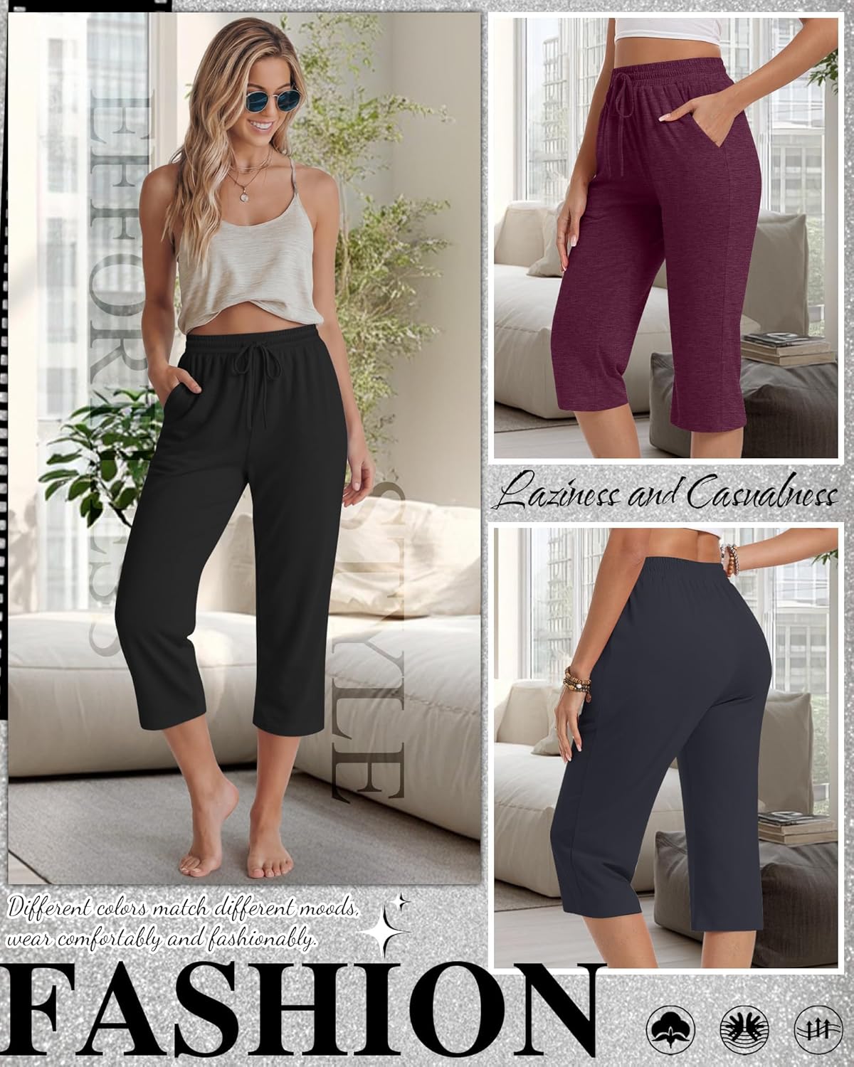 Neer 4 Pack Women's Capri Pants Wide Leg Yoga Capri Sweatpants Drawstring Summer Lounge Loose Fit Cropped Pants with Pockets - Image 6