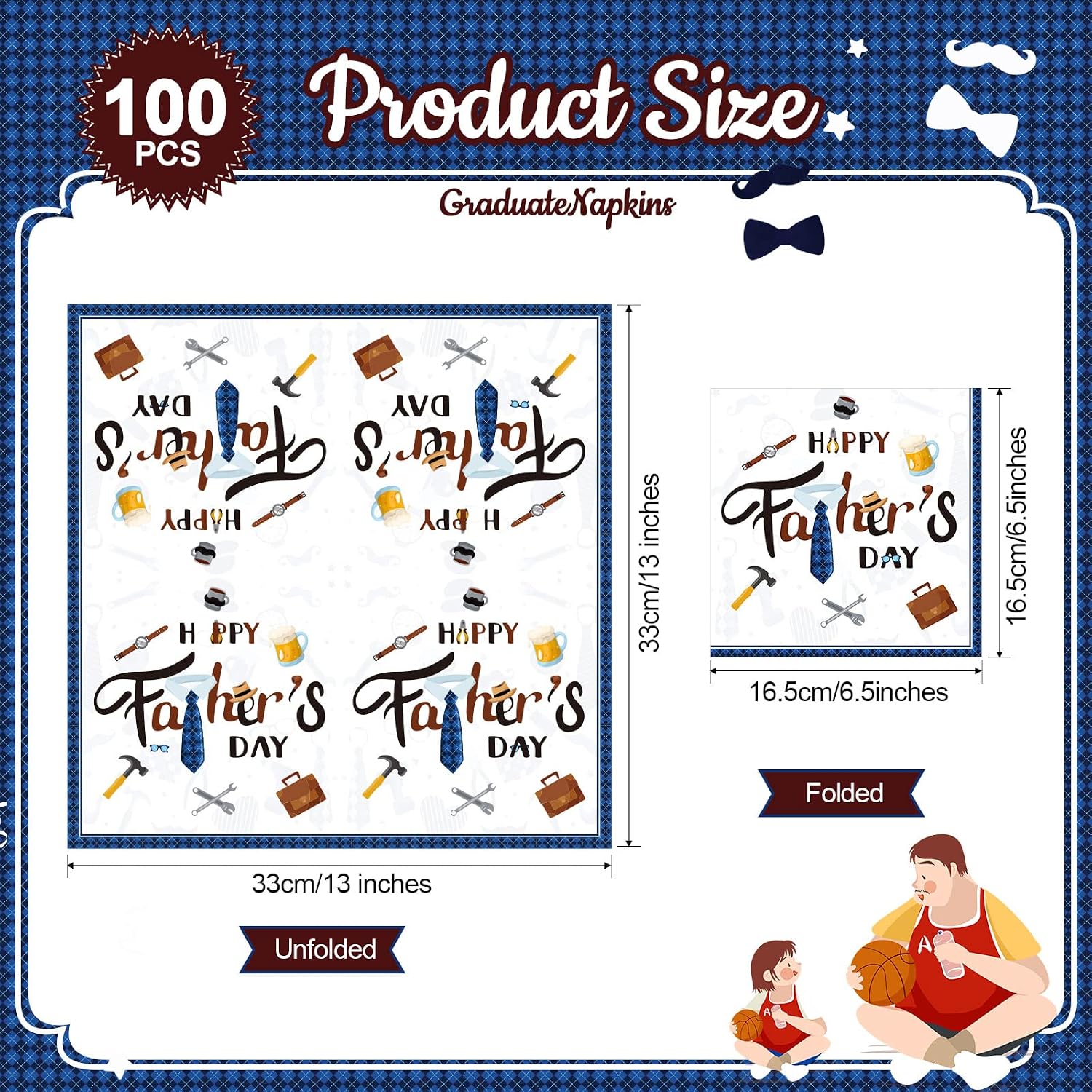 Teling 100 Pieces Happy Fathers Day Napkins 3 Ply Disposable Paper Blue Tie Cocktail Napkins Father's Day Gifts Dad Paper Towels Decoration for Father's Party Supplies(Cute Style)