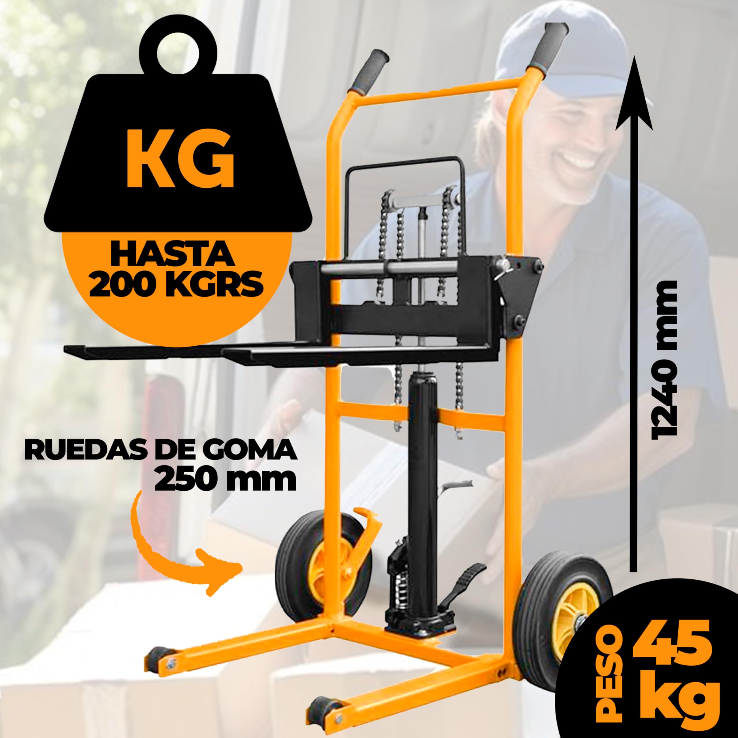 GENÉRICO Elevador Manual SDJL200 - Carretilla elevadora Manual, Capacidad 200 kg, Altura máxima 900 mm, Sistema de elevación con Pedal, Ruedas de Goma 250 mm, diseño Compacto y Ligero, fácil Montaje