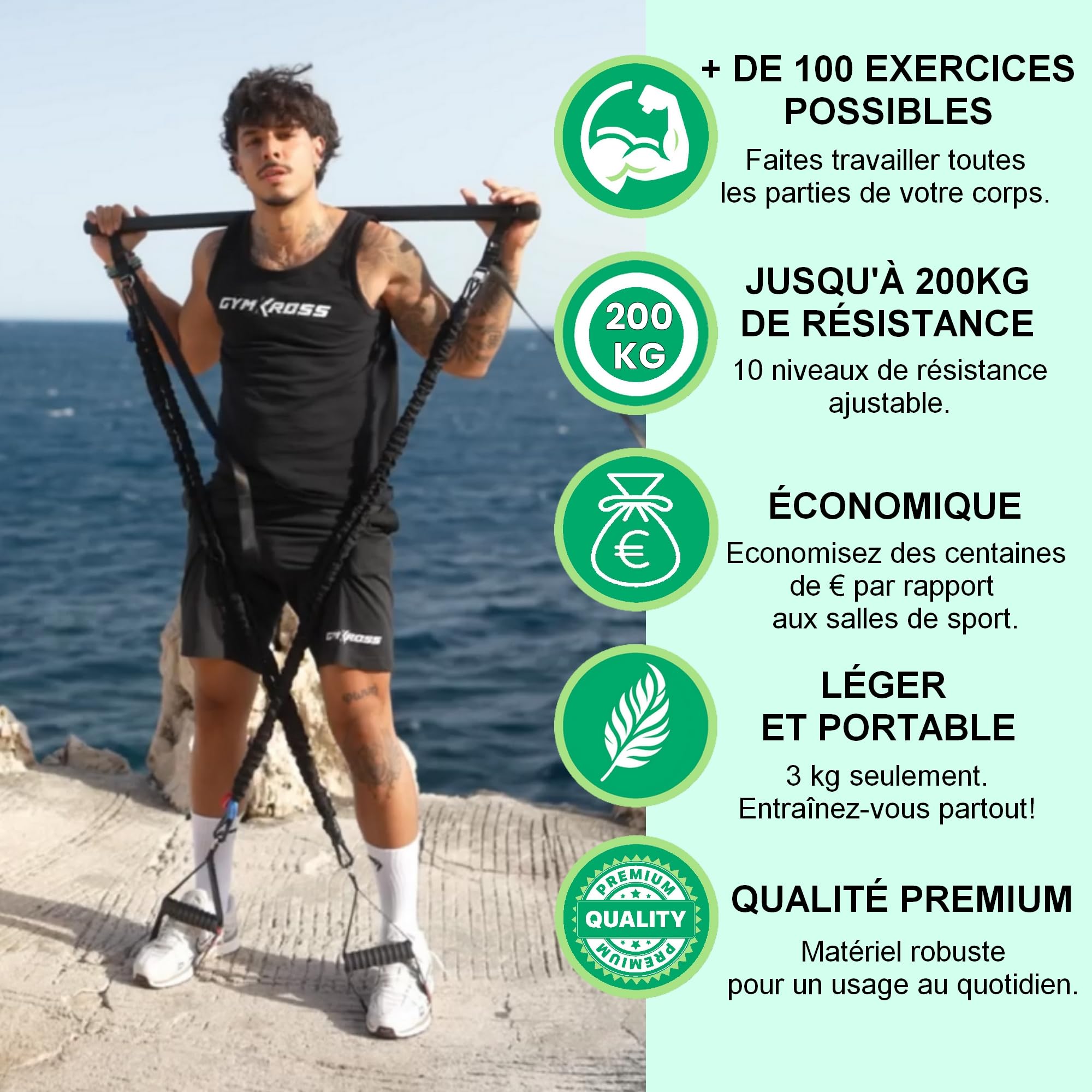 Pack Elastique Musculation avec 10 Bandes de résistance 200 kg en Latex Naturel + Barre Musculation & Sangles de Suspension – Kit Elastique Fitness/Pilates/Sport Maison & Crossfit