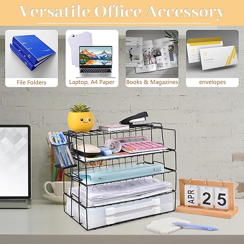Miniatura 4 de Sishynio Organizador de archivos de escritorio, bandeja de papel apilable de 5 niveles con soporte para bolígrafos, accesorios de escritorio de