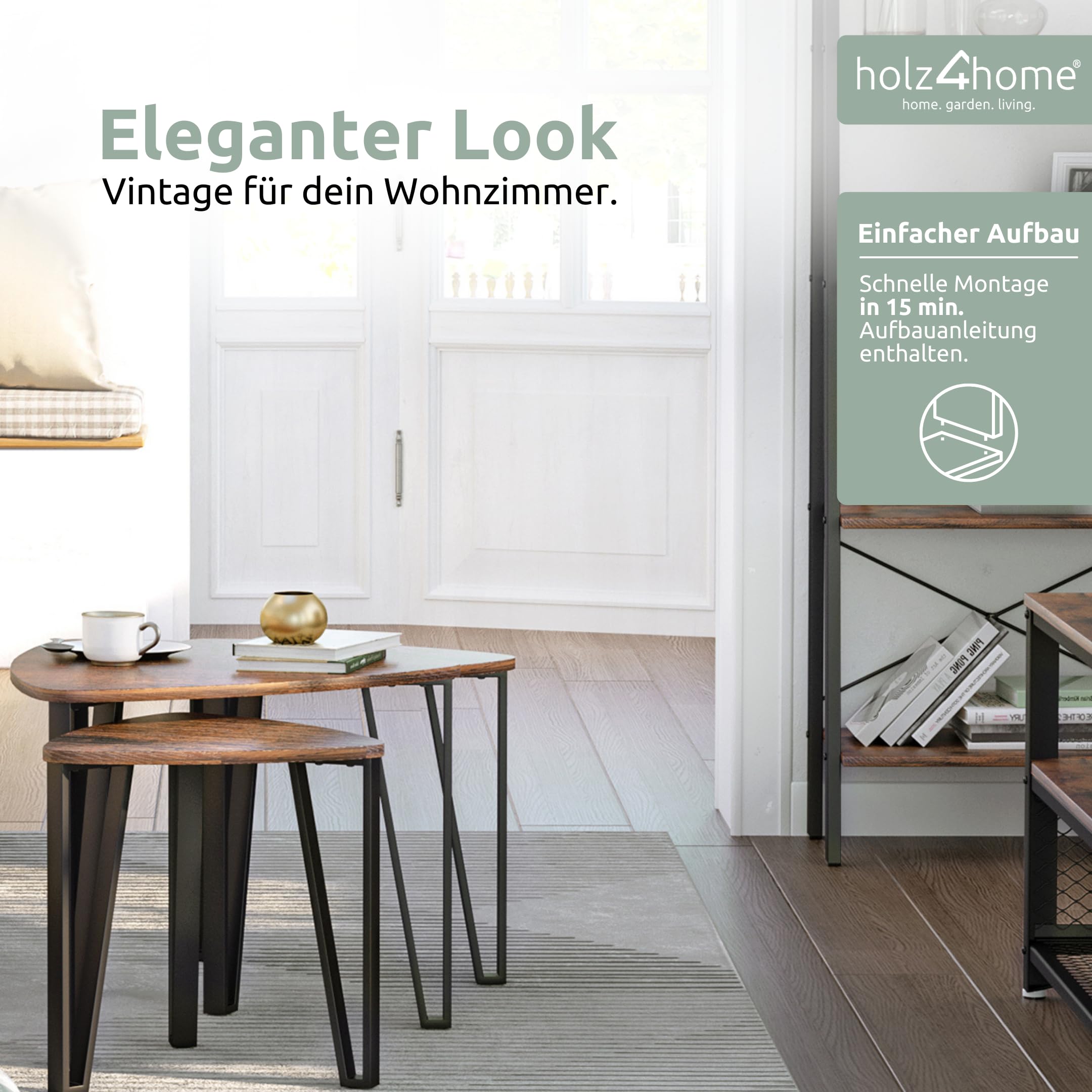 holz4home® Beistelltisch Radon im 3er Set I Industrial-Look Braun I Wohnzimmertisch I Modernes Beistelltisch Set I DREI Ablagen I Vintagetisch Teetisch Vintage Sofatisch Fernsehtisch