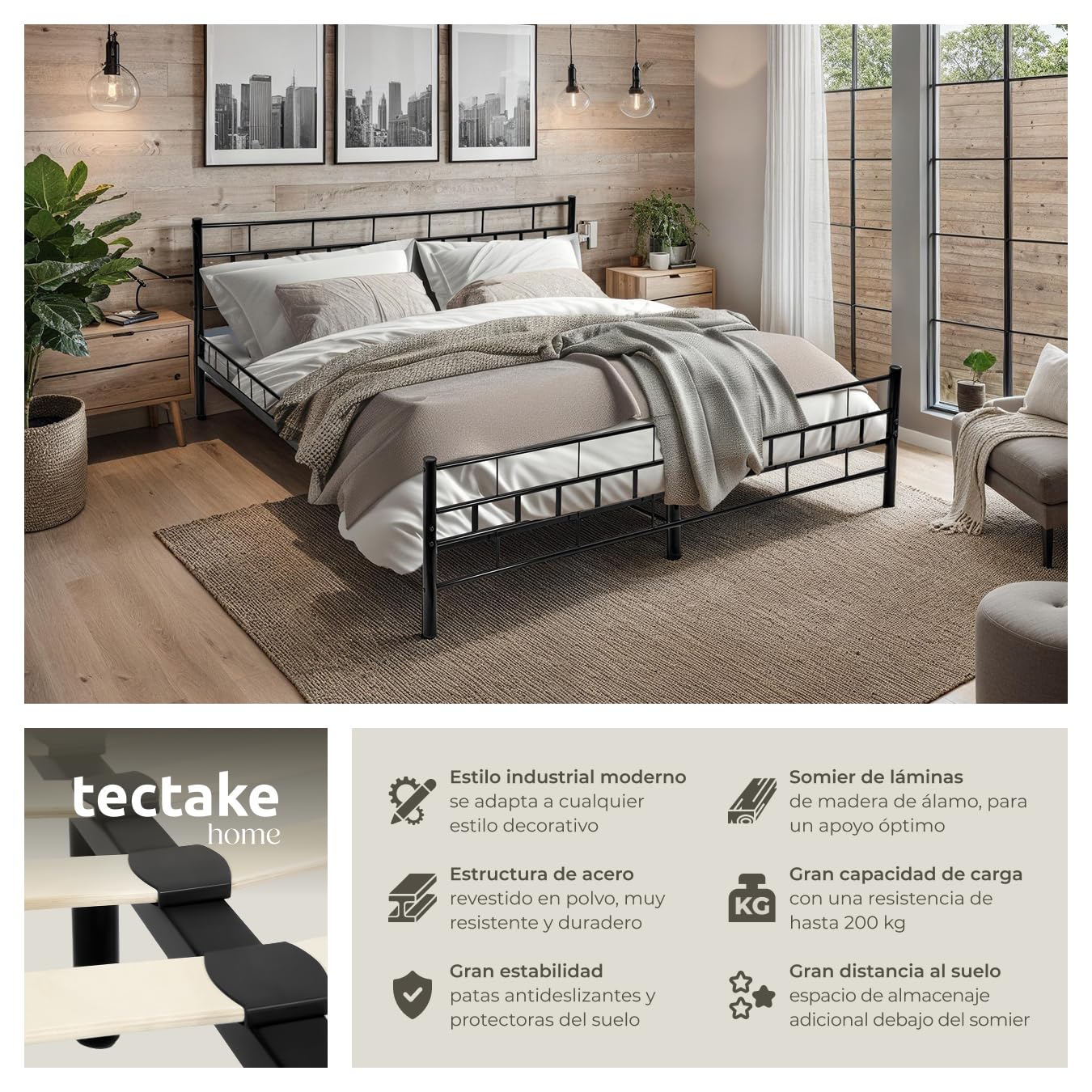 tectake® Cama Matrimonio Estructura de Acero Robusto con Somier de Láminas de Madera, Muebles de Dormitorio, Cama Completa, Resistente, Fácil de Limpiar, Base de Cama - 180 x 200 x 76 cm Negro