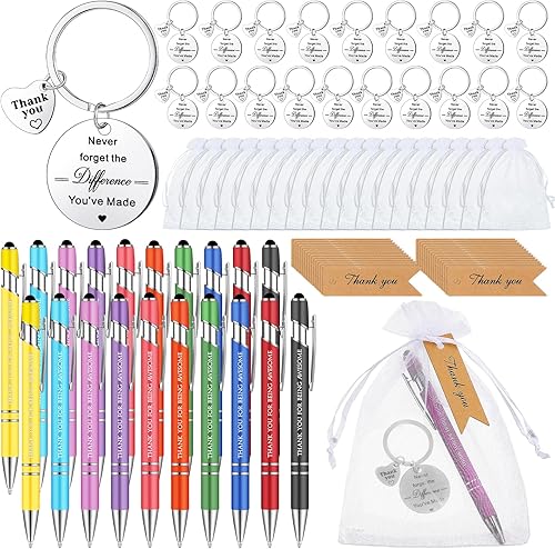 Lincia Juego de 20 bolígrafos de regalo de agradecimiento de agradecimiento, 20 bolígrafos inspiradores, 20 llaveros de acero inoxidable y 20 bolsas