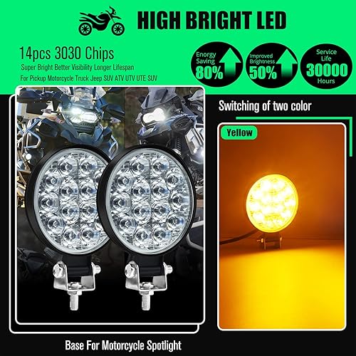 Miniatura 9 de 2 luces redondas todoterreno de 3.4 pulgadas, ámbar3000 K, 14 LED 17 W 3400 lm, luz de trabajo LED blanca con kit de interruptor para