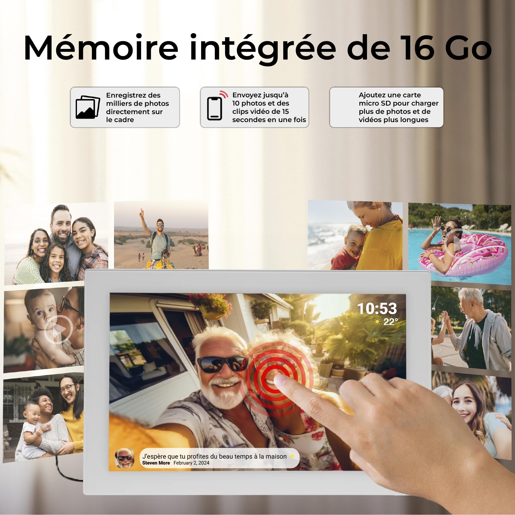 Denver PFF-1037W Cadre Photo numérique Wi-FI FRAMEO 10,1 Pouces, écran Tactile IPS 1280 x 800, mémoire 16 Go, Application iOS/Android, Blanc