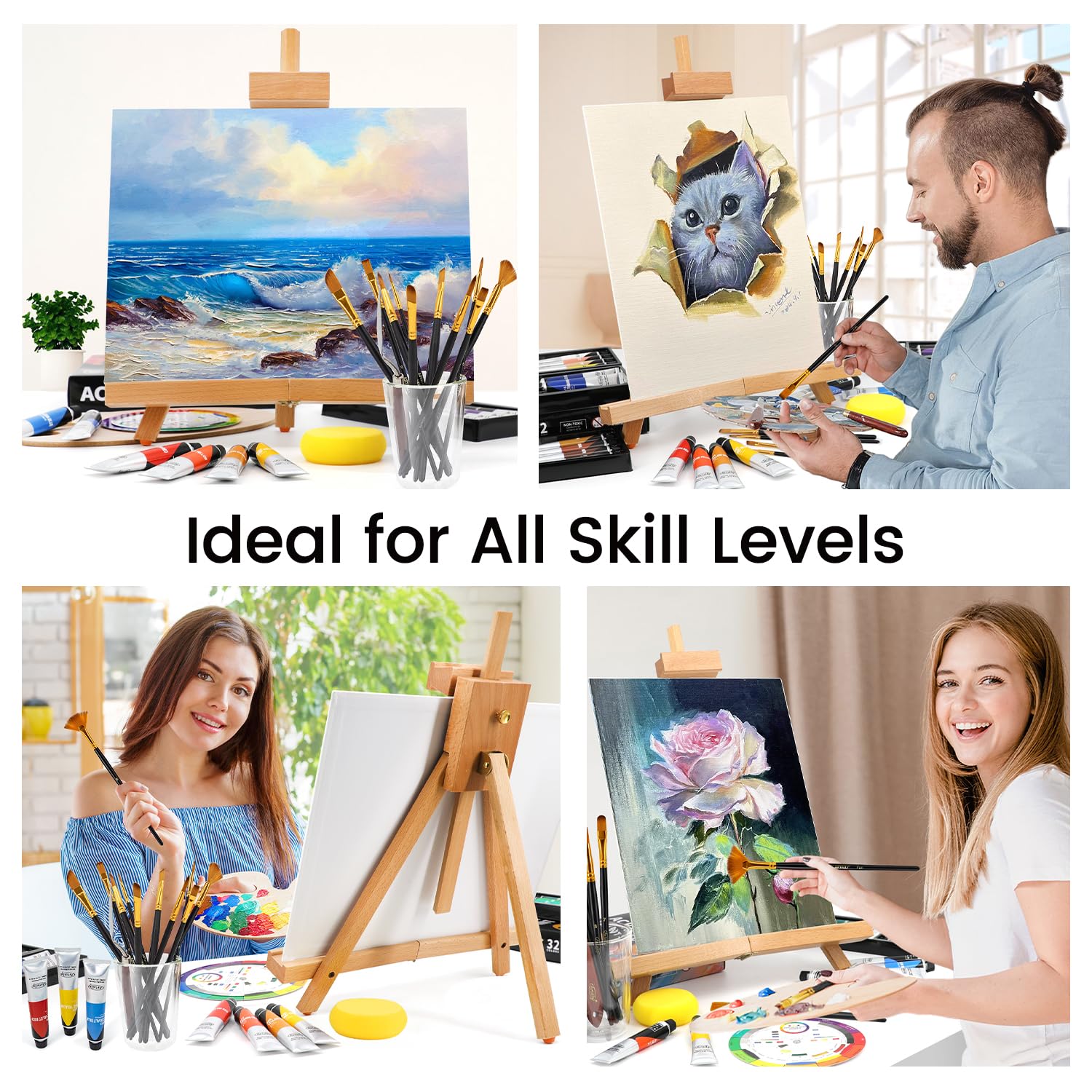 ARTALLY Juego de pintura acrílica para adultos y niños, 67 piezas de pintura en lienzo, pintura acrílica de 32 colores (22 ml), caballete de mesa, pinceles, lienzo, kit de suministros de pintura