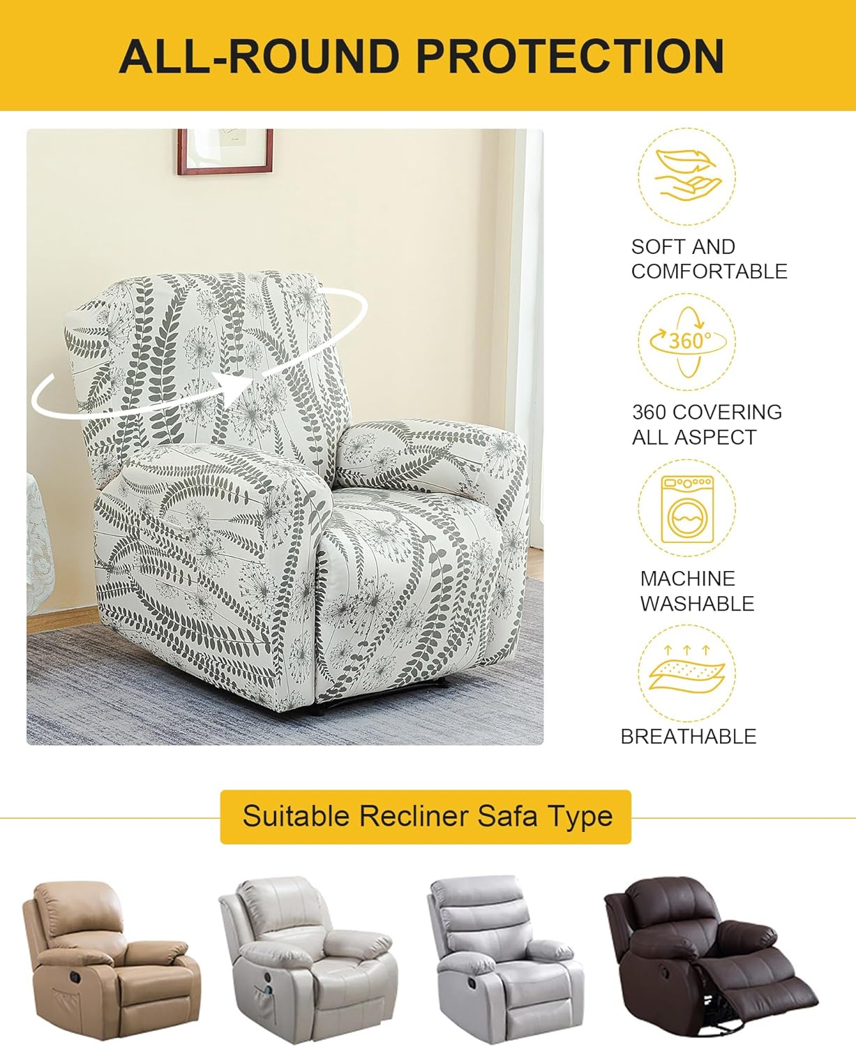 NILUOH Recliner Chair Covers, 4-Pieces Stretch Recliner Cover Soft Pattern Reclining Chair Slipcover That Stay in Place Washable Furniture Protector for Lazy Boy Recliner