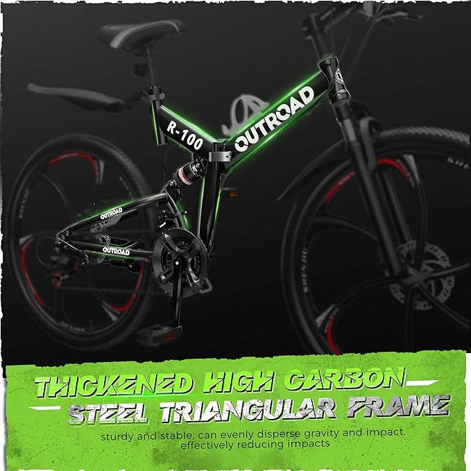 26 Inch Adult Folding Mountain Bike, 21 Speed Foldable Bicycle with Full Suspension, High Carbon Steel Frame, Folding Bikes for Men/Women/Teen, Dual Disc Brake
