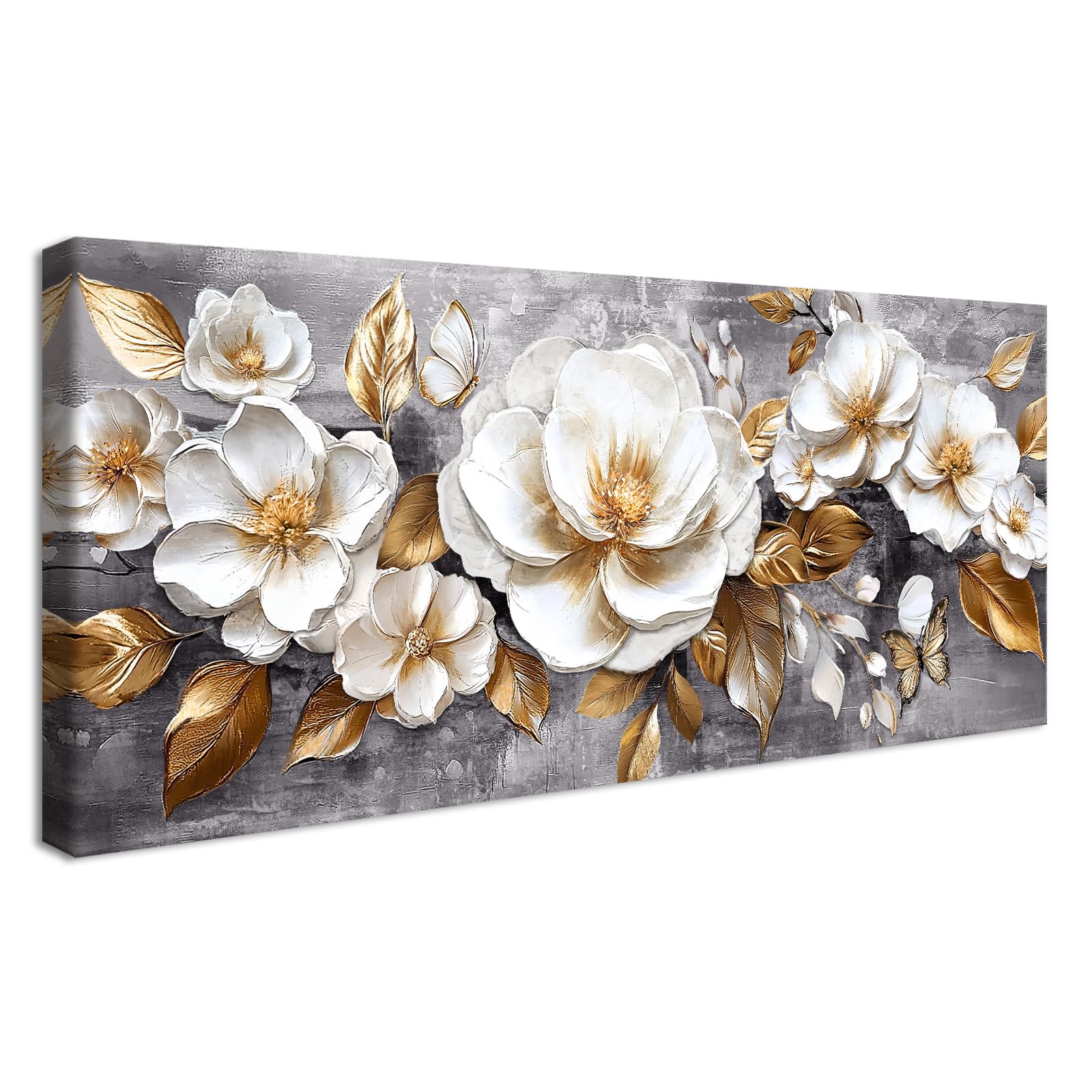 Mit Rahmen Groß Leinwand Bilder Grau Gold Beige Pfingstrosen Blumen Leinwandbilder Bild auf Leinwand Malerei Luxus Gold Blätter Blumig Bild Wandbilder Wohnzimmer Schlafzimmer Wanddekoration 50x120cm