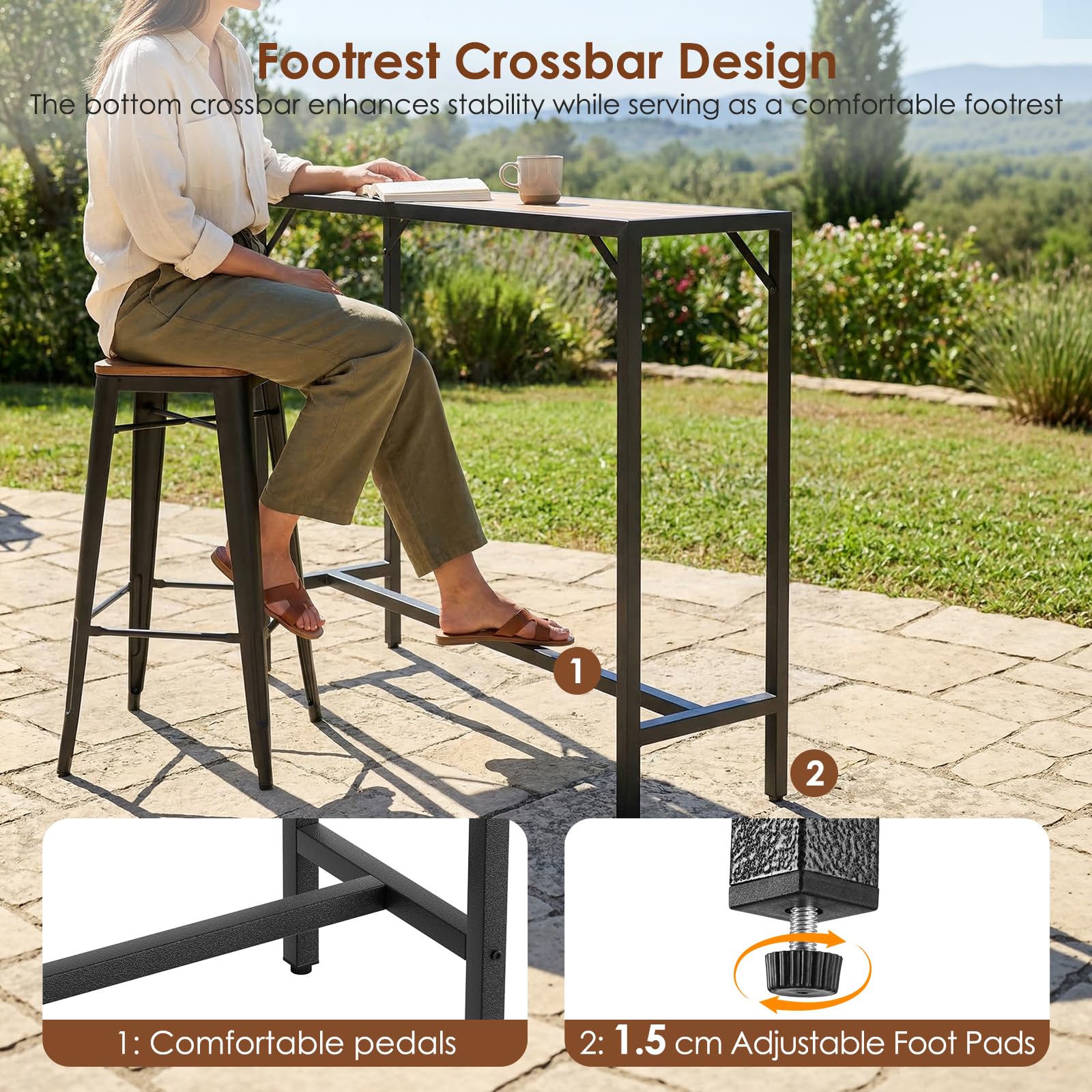 Table Haute de Jardin Clevich 120x38x98 cm Mange Debout Exterieur Plateau Étanche Pieds Réglables Hauteur Bois