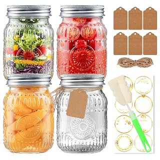 16oz Mason Jars with Airtight Rust-Proof 304 Stainless Steel Lids and Bands, 4 Pack with Elegant Sunflower Embossing, Pint Glass Jars for Meal Prep, Pickling, Overnight Oats, Dry Food & DIY Crafts - Amazon product rated Grade A