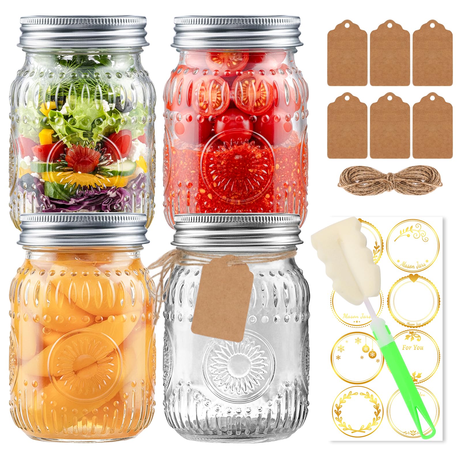 Photo 1 of 16oz Mason Jars with Airtight Rust-Proof 304 Stainless Steel Lids and Bands, 4 Pack with Elegant Sunflower Embossing, Pint Glass Jars for Meal Prep, Pickling, Overnight Oats, Dry Food & DIY Crafts