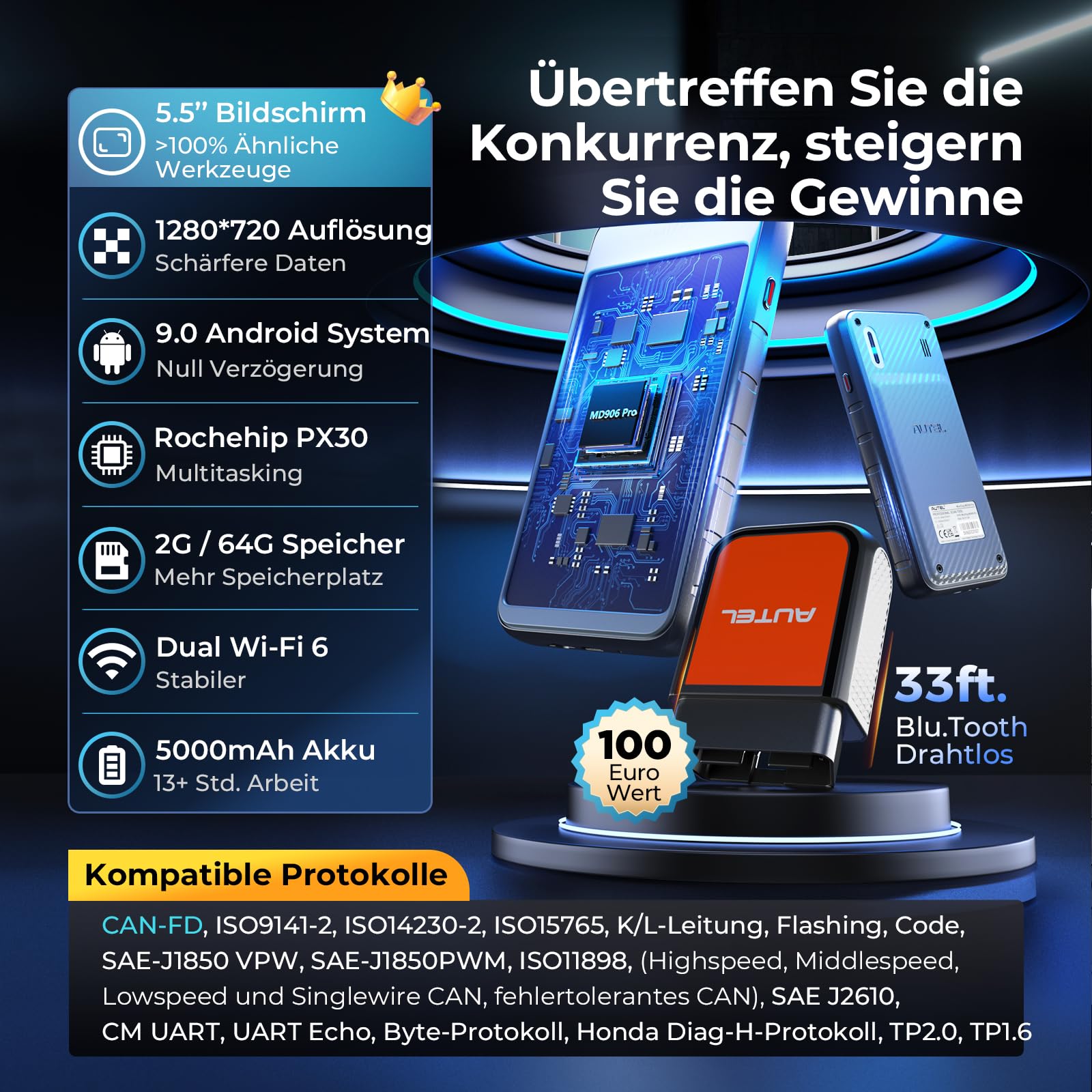 Autel MaxiDIAG MD906Pro OBD2 Diagnosegerät: 2026 Bluetooth Ver. von MaxiCOM MK808S MX808S, Upgrade von MD808PRO MD806 Diagnosegerät für Alle Fahrzeuge, FCA SGW CAN FD, 11 Dienst,Keine Abonnementgebühr