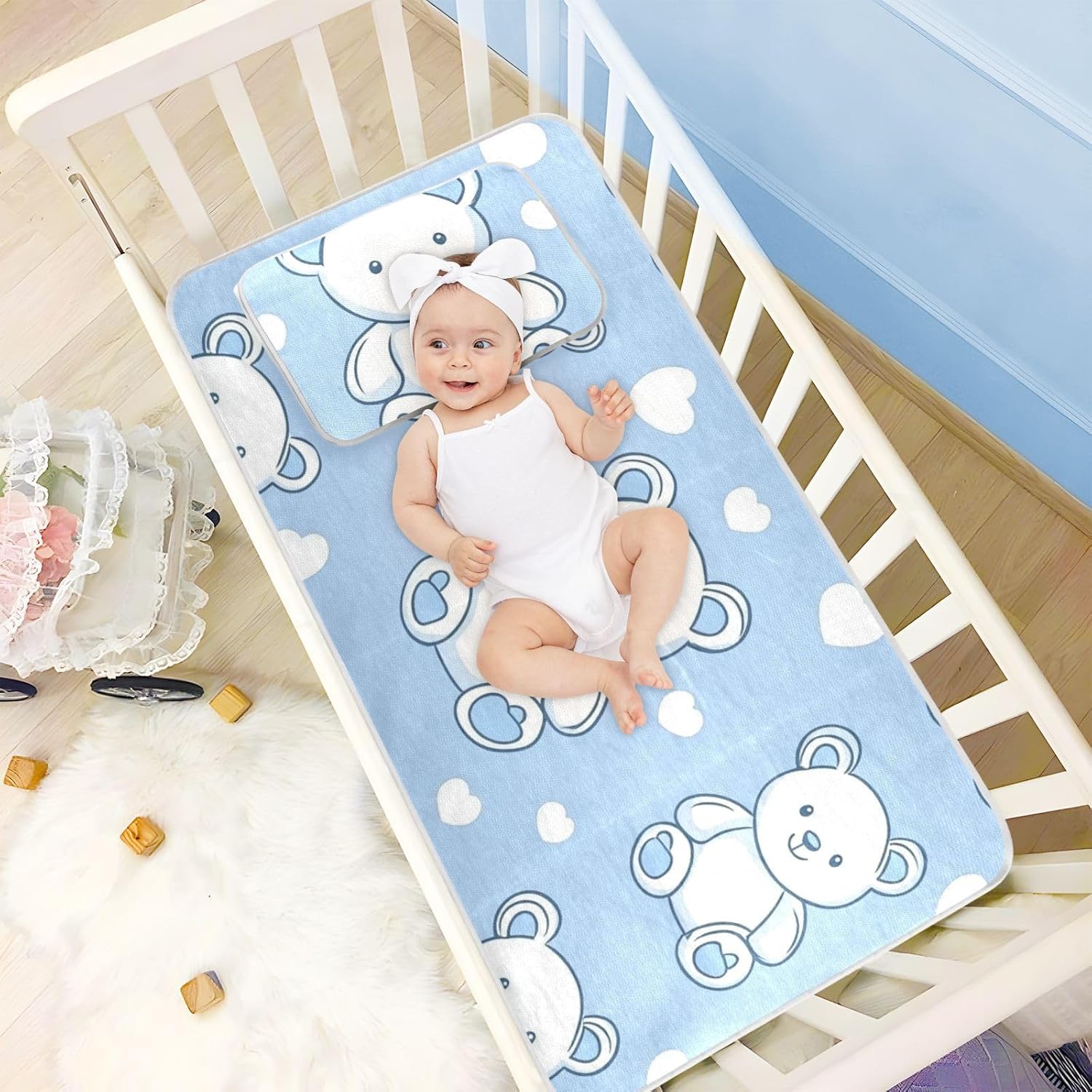 Cartoon Bear Heart Blue Cooling Baby Mattress Protector pad 28" x 52" Washable Pads for beds for Baby&Toddler