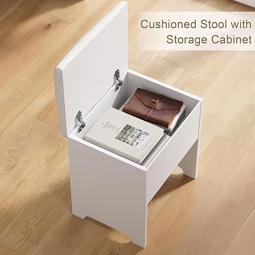 Miniatura 6 de Escritorio de tocador con espejo LED y luces, juego de tocador de maquillaje con silla, toma de corriente, cajones, gabinete, tocador con estantes