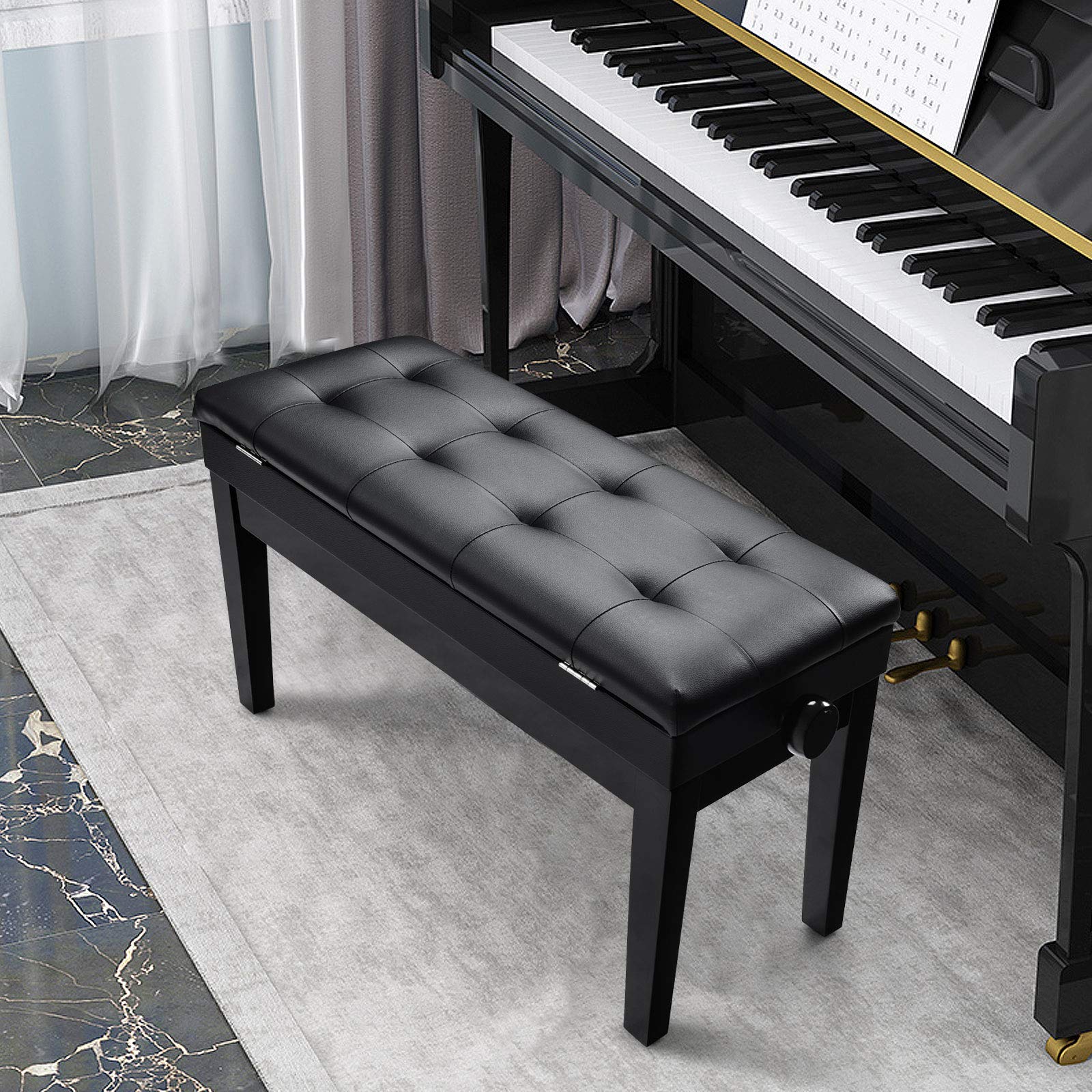 GOPLUS 45-54CM Banquette de Piano à Hauteur réglable, 2 Places, en Bois Massif, avec Coussin Doux en Cuir, Fonction de Stockage, 75 X 35 X 45-54CM, Noir