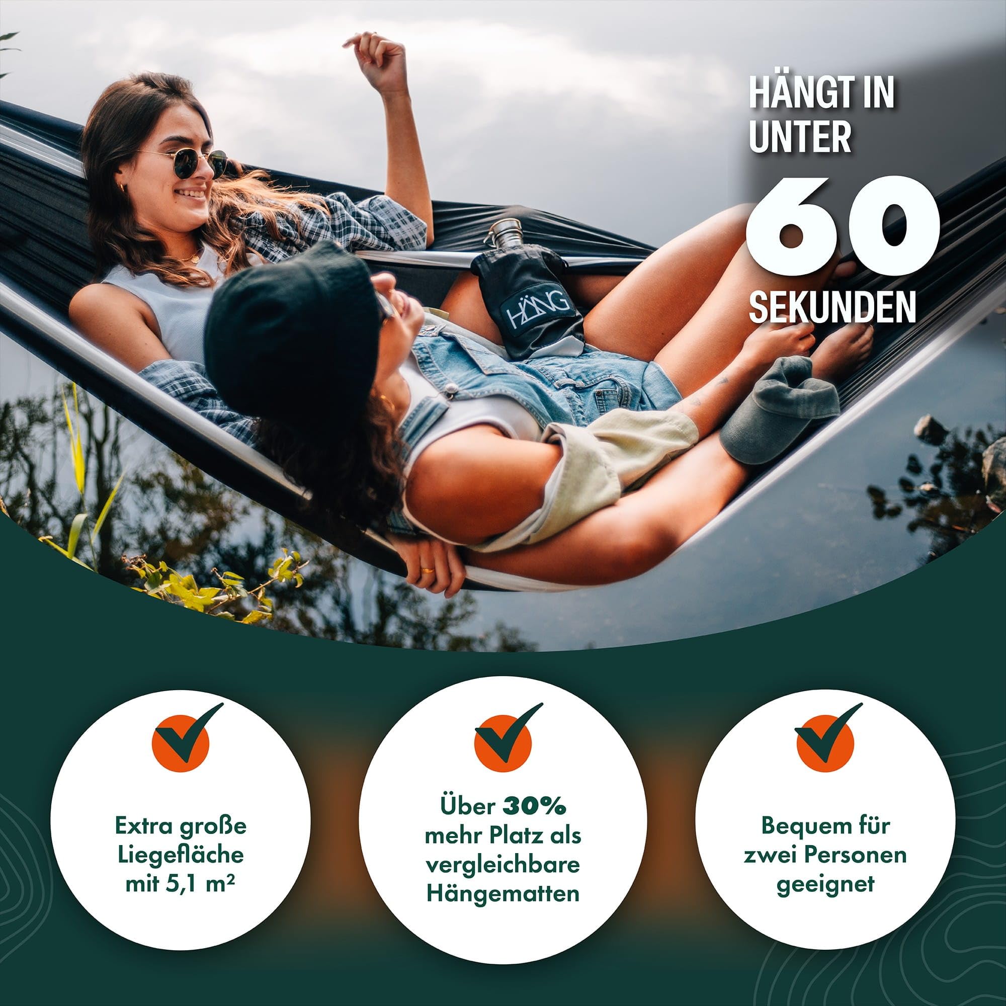HÄNG XXL Hängematte 300 x 170 cm Outdoor - Wetterfest & Ultraleicht (850 g), 200 kg Belastbarkeit - für 2 Personen aus Fallschirmseide für Camping, Reise & Garten inkl. Befestigungsset