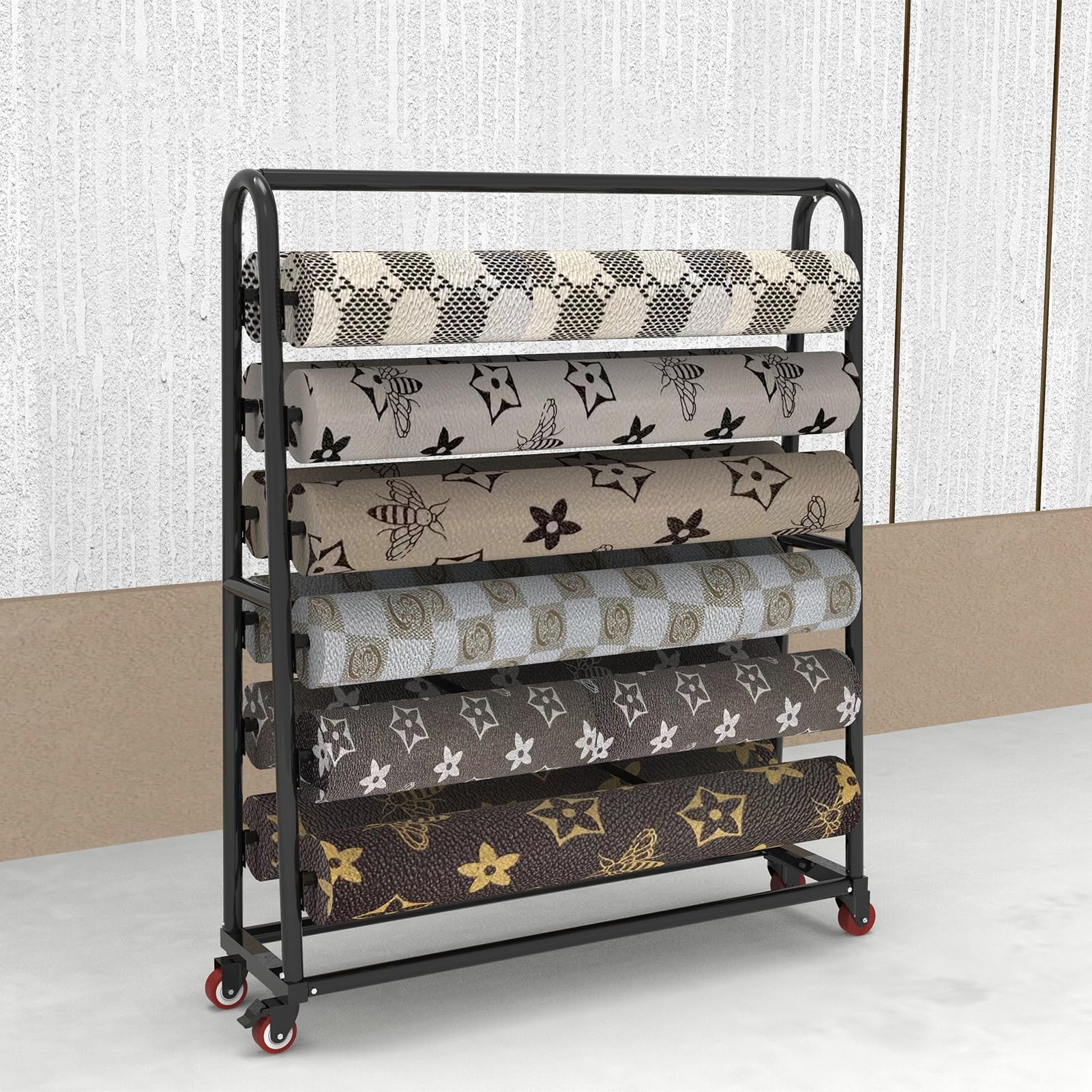 JevLoN 6-Tier Fabric Storage Cart Rack Vinyl Car Wrap Film Holder, Rolling Double Sided 12 Rolls Large Hanging Shelf Organizer for Commercial/Car Repair Shops/Studios/Retail Display(172x45x170cm)