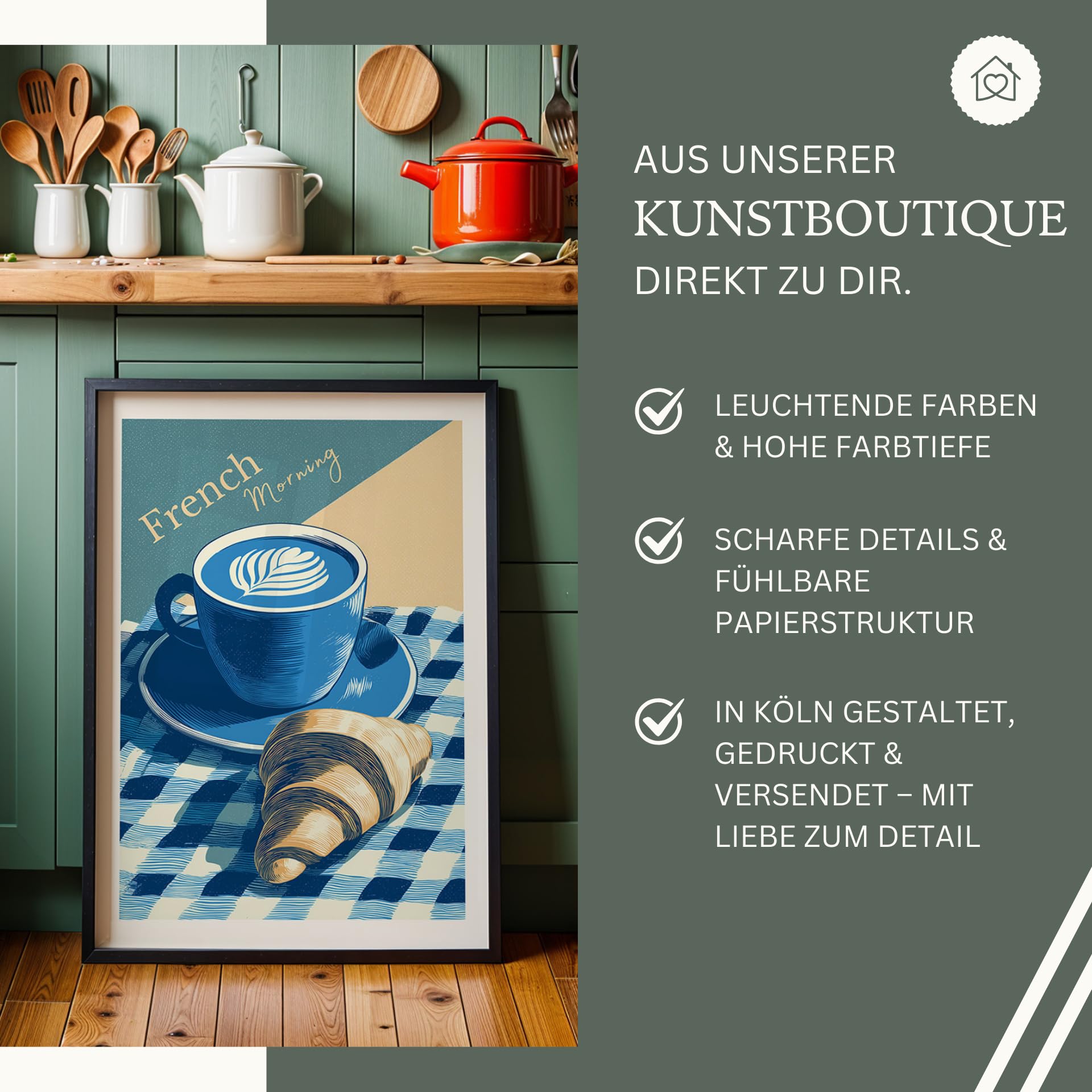 MJ-GRAPHICS® Kaffee Poster French Morning Küche Wandbild Retro Deko mit Croissant – Französisches Frühstücksposter für Frühstücksecke oder Esszimmer – A2 Poster mit Rahmen Holz Braun