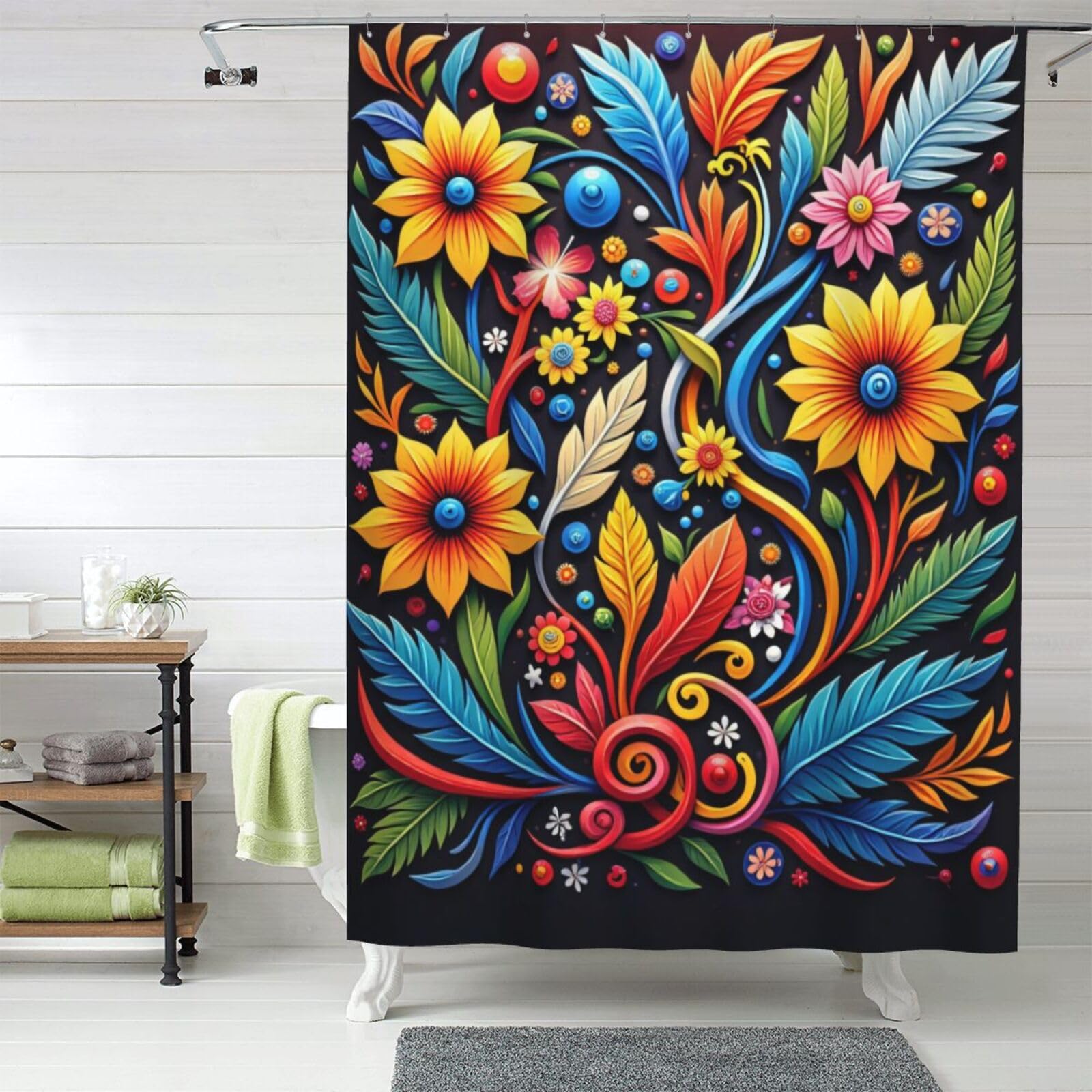 Rideau de douche en tissu imperméable mat 152x183 motif fleurs avec crochets de douche #487