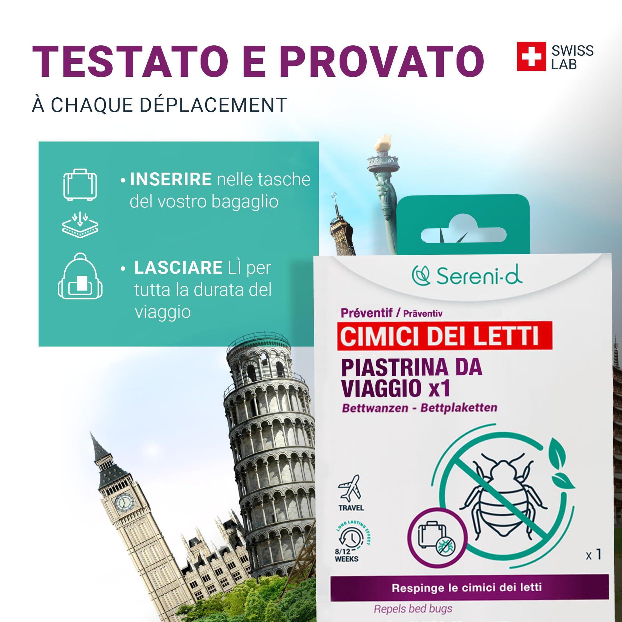 PIASTRINA DA VIAGGIO Repellente CIMICI DEI LETTI - Protegge il Tuo Bagaglio dalle Cimici dei Letti - Alta Efficacia Preventiva - Sereni-d SWISS LAB