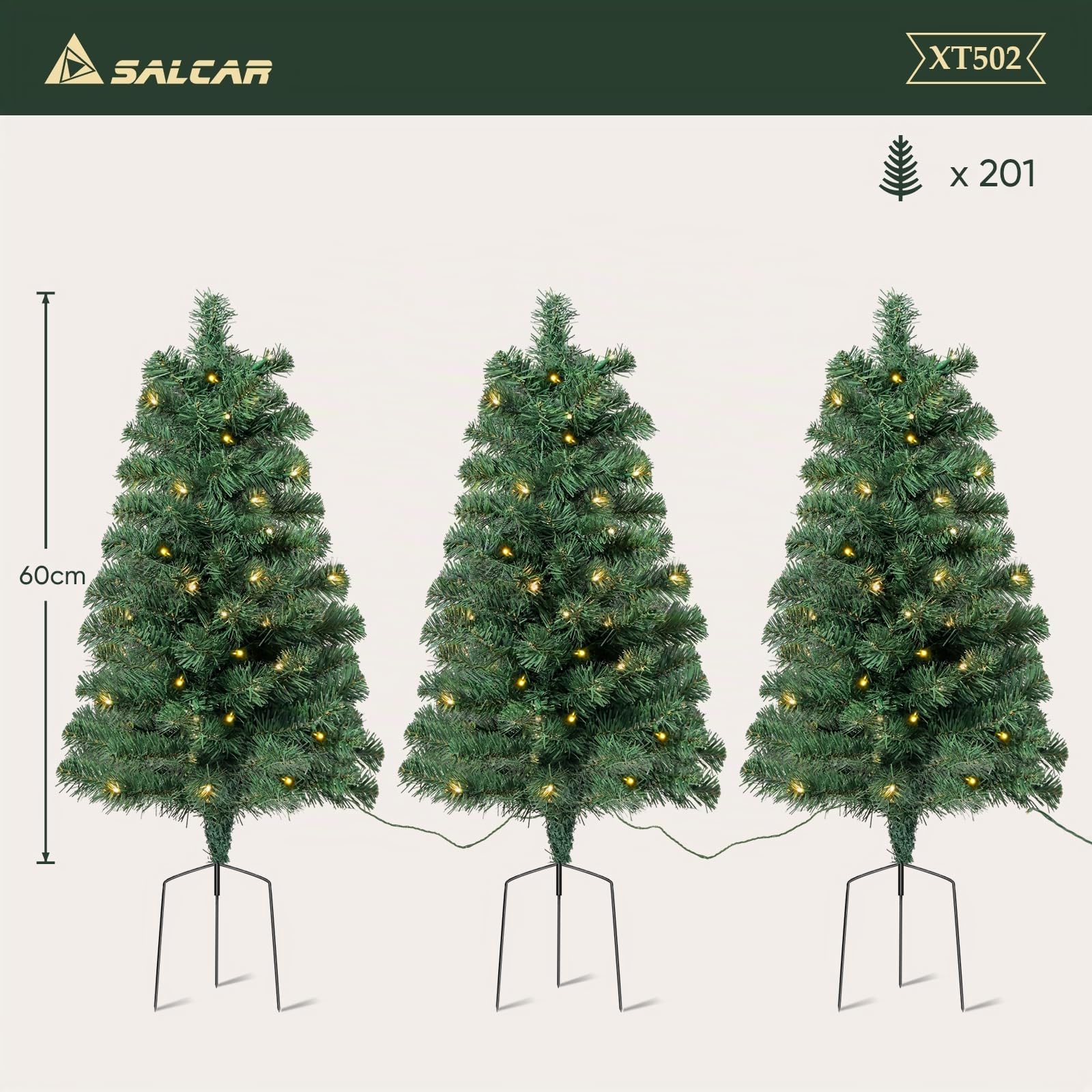 SALCAR 3er-Set Künstlicher Weihnachtsbaum 60 cm mit Beleuchtung – PVC Tannenzweige mit Erdspieß, ideal für Außenbereich und Gartendeko