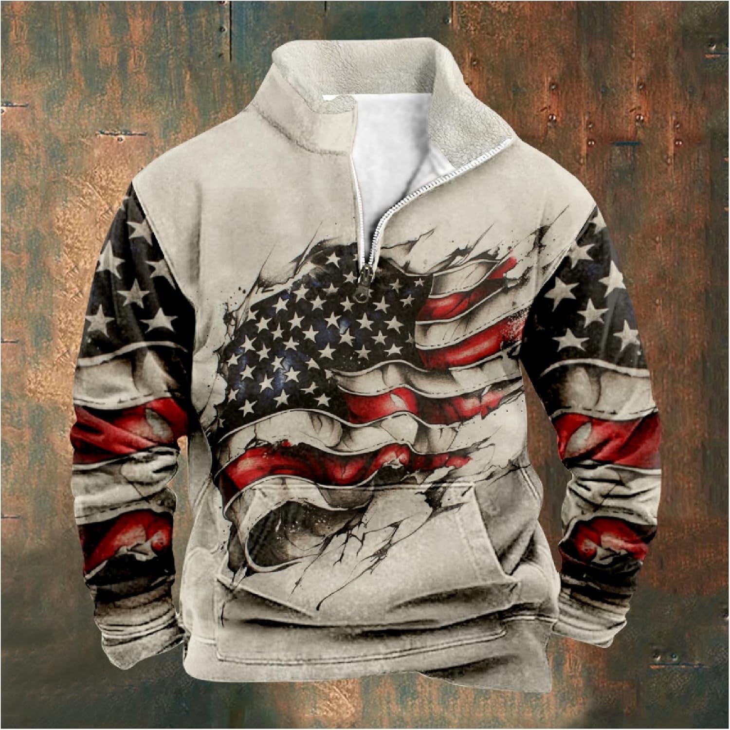 Hoodies For Men Wolf Print Long Sleeve Half Zip Pullover Big And Tall Graphic Winter Funny Outdoor Sweatshirt - Image 3