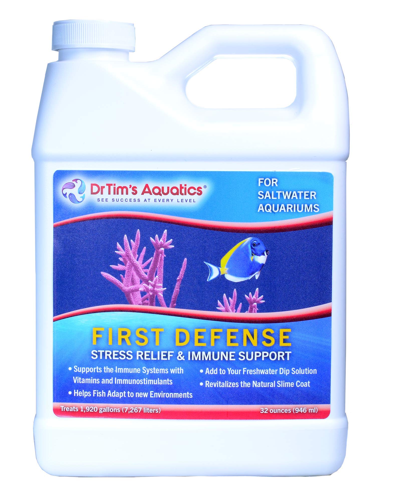 DrTim's Aquatics Dr. Tim’s Saltwater First Defense Fish Stress Relief and Immune Support – For Fish Tanks, Aquariums – Revitalizes Natural Slime Coat – Detoxifies Heavy Metals, Repairs Wounds – 32 Oz.