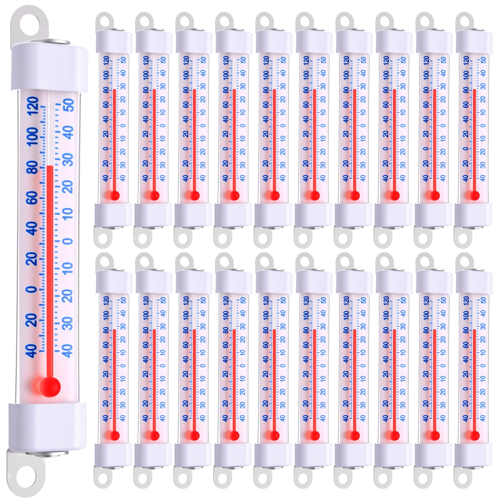 Sabary Paquete de 20 termómetros para frigorífico y congelador, termómetro analógico de tira larga para colgar con Fahrenheit Celsius para refrigerador, cocina, hogar, restaurante