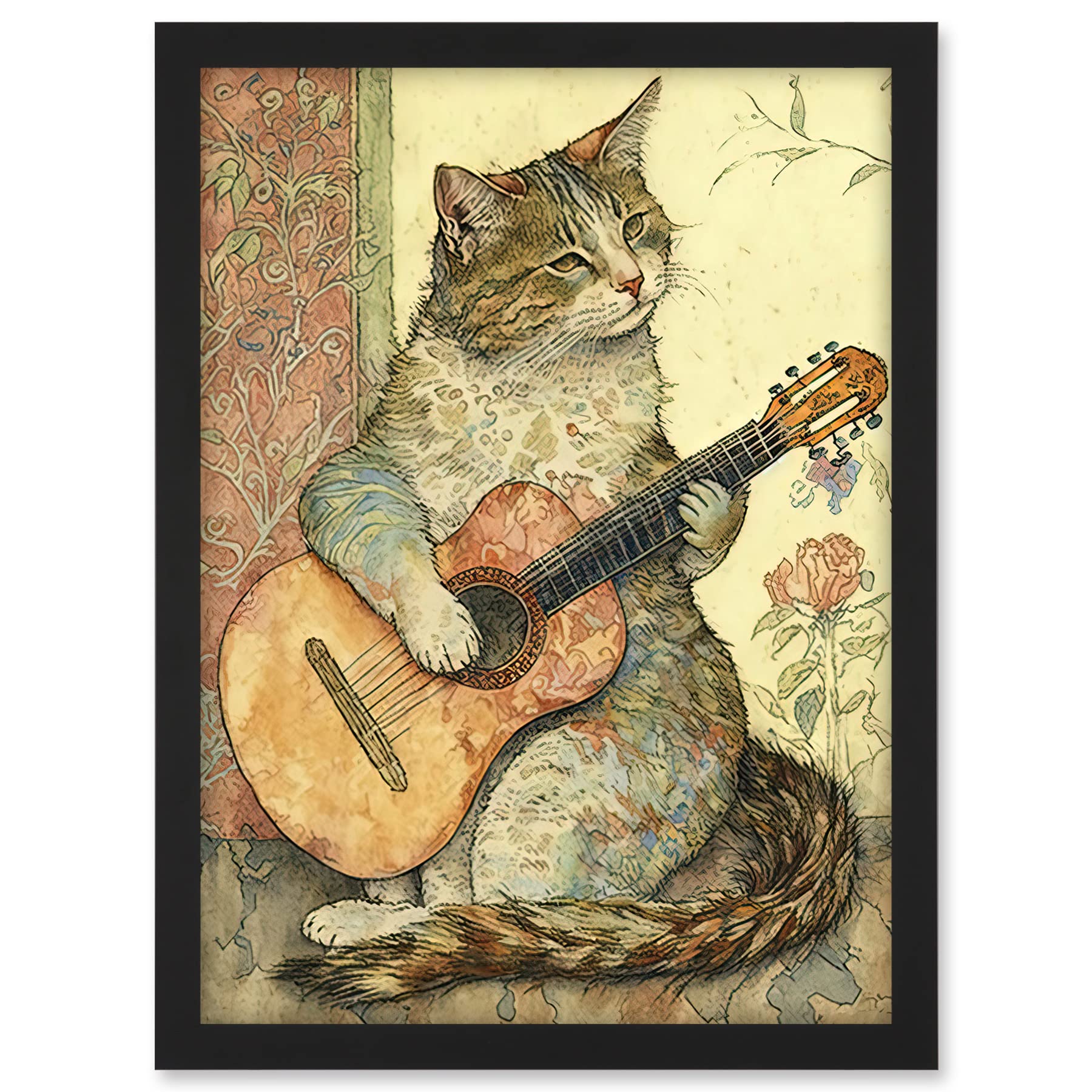 Artery8 Street Musician Cat with Guitar by Flower Pattern Mural Pastel Watercolour Illustration Artwork Framed A3 Wall Art Print