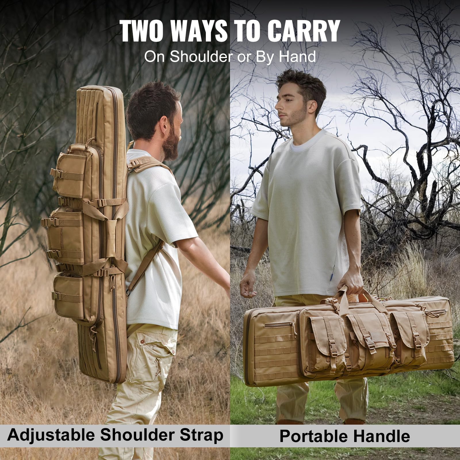 VEVOR Estuche para Rifle Bolsa Táctica Larga para Transporte de Armas 107cm con Sistema MOLLE Funda para Rifle con Correa para Hombro Cremallera con Cerradura para 2 Rifles 102cm y 2 Pistolas, Marrón