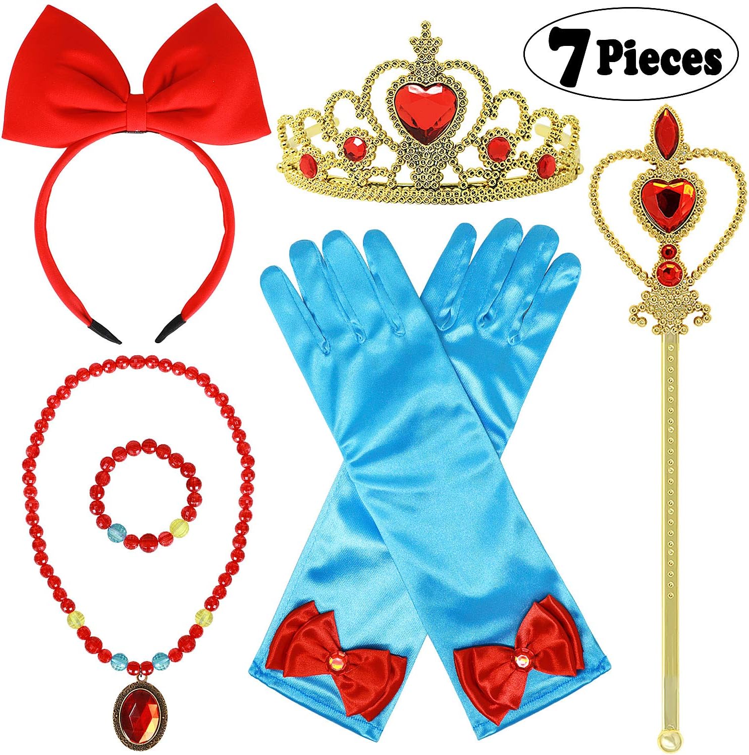 vamei 7pcs Princess Dress Up Accessories for Girls with Princess Jewellery Crown Tiara Wand Gloves Headband Necklace Bracelet Princess Party Supplies (Snow White)