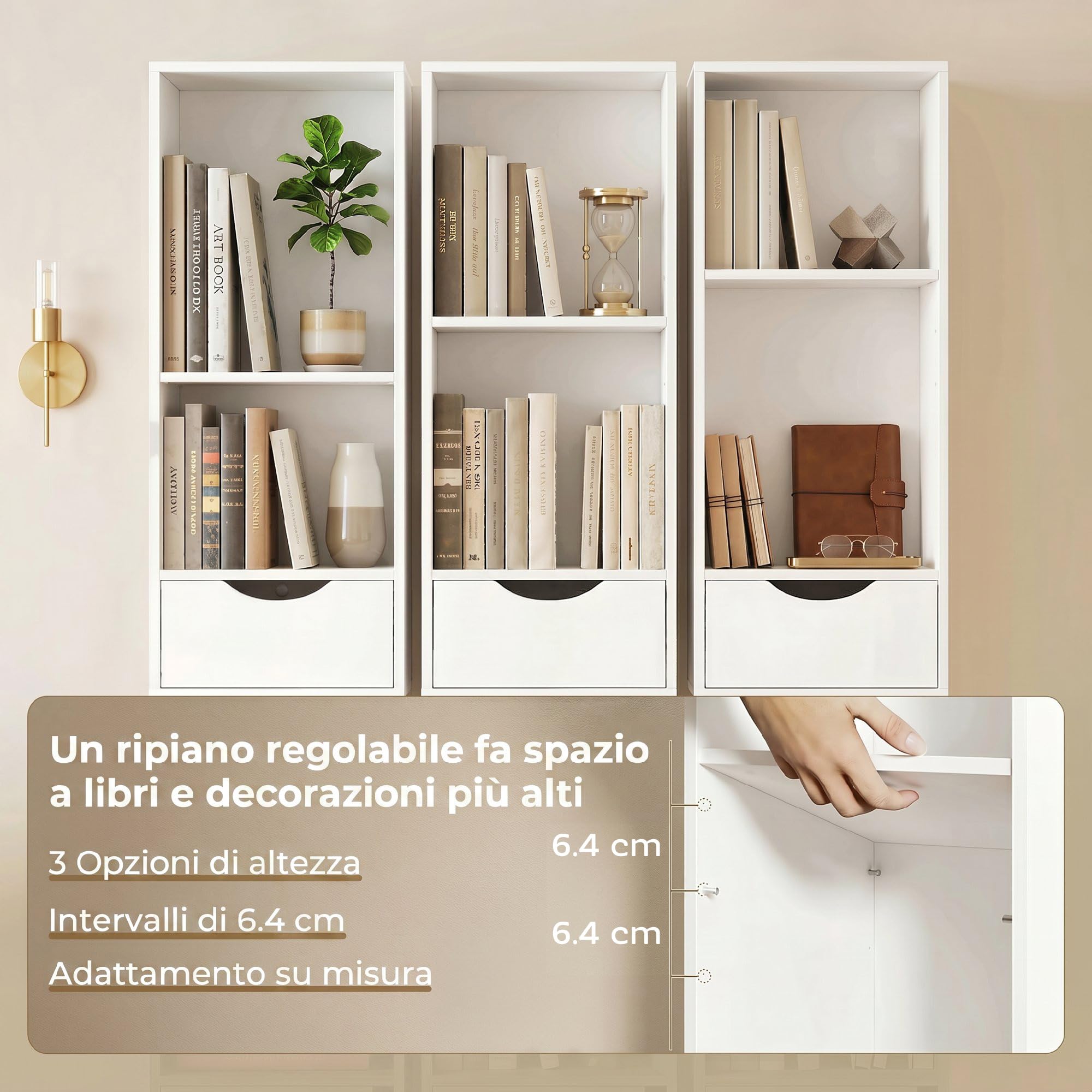 HOMCOM Libreria Scaffale Slim a 3 Ripiani Aperti, 30x24x158 cm Bianco | Cassetti, Libreria Verticale Salvaspazio, Mobile Portaoggetti con Ante e Ripiano Regolabile, Soggiorno Studio Ufficio