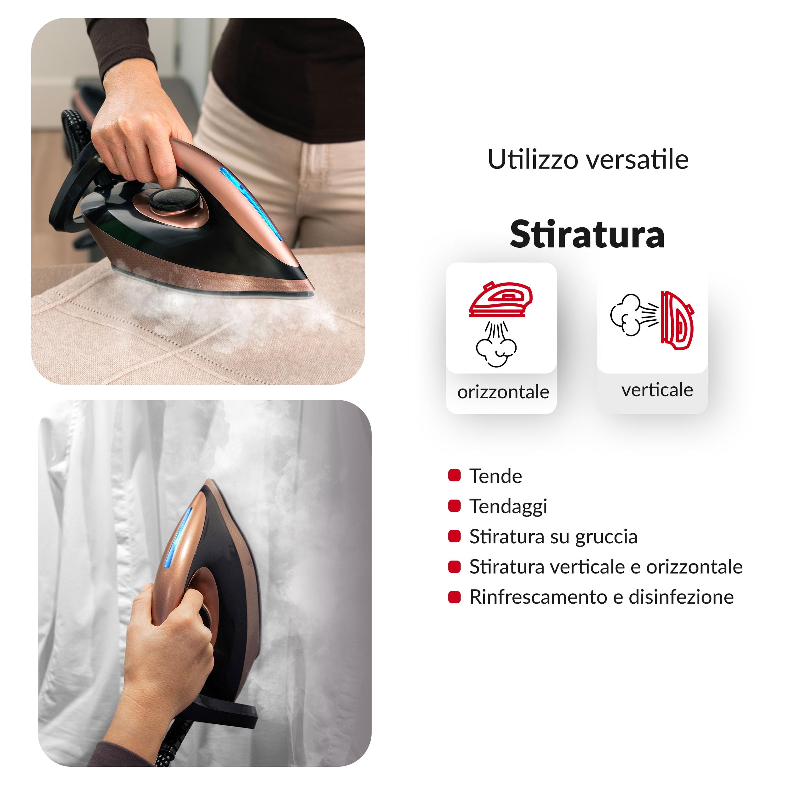 LEHMANN Ferro da Stiro a Vapore con Caldaia, Pressione Pompa 8 Bar e Potenza 2400 W, Serbatoio 1,5 L, Funzione ECO, Vapore Verticale, Piastra in Ceramica, Spegnimento Automatico, Nero e Rosa Oro