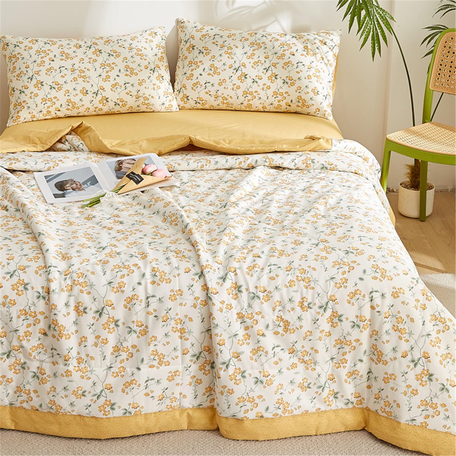Odot Couvre Lit Matelassé 2 Personnes Été Réversible Dessus de Lits et Couvre-Lits Boutis Doux et Confortable Coton Jeté de Lit Matelassage Jeté de Canapé (Jaune,200x230cm)